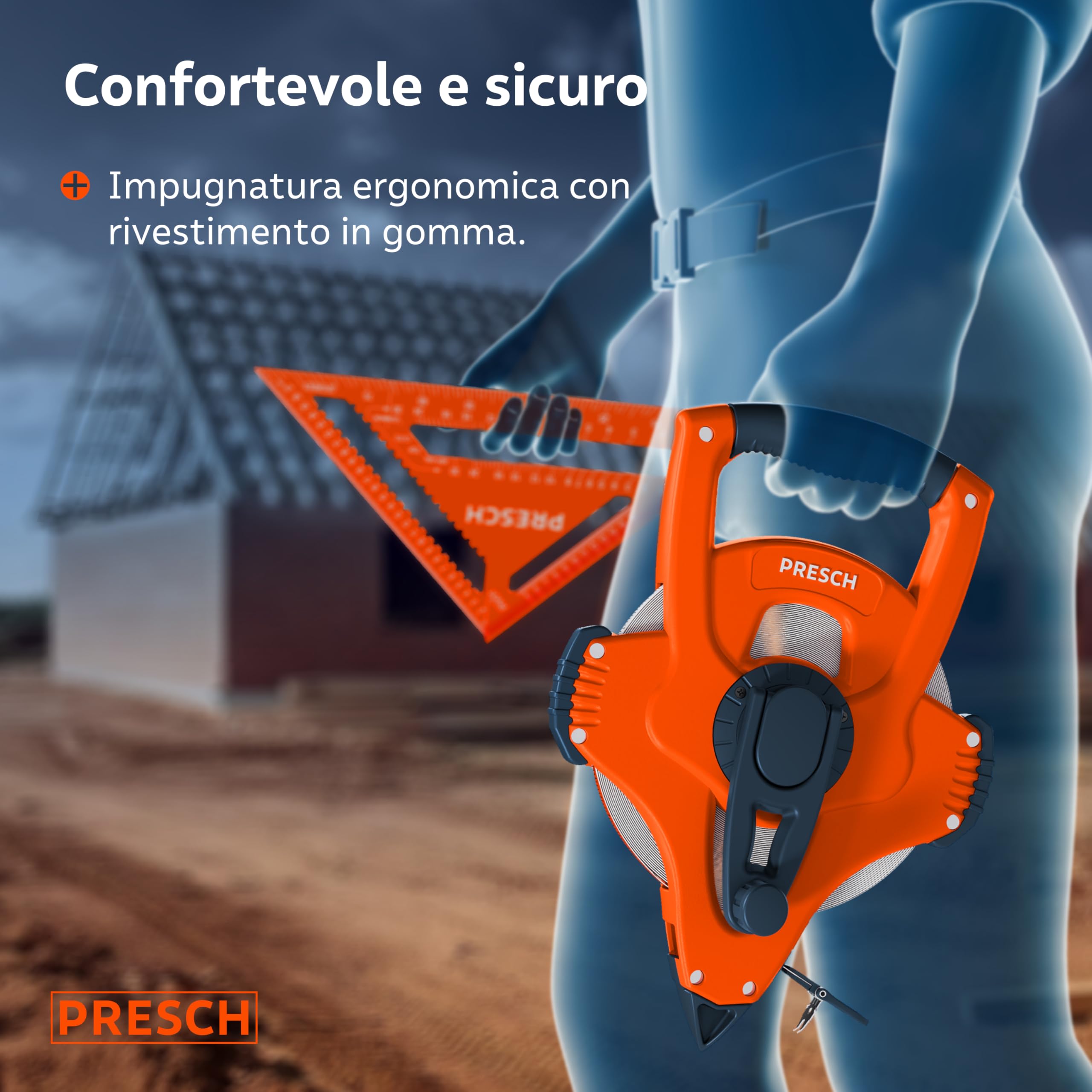 Presch Metro a Nastro 50m – Ritorno Rapido 3:1 – Rotella metrica 50 metri in Fibra di Vetro Resistente – Blocco a Manovella – Presa Sicura con Gancio Multifunzione – Bindella per Uso Professionale