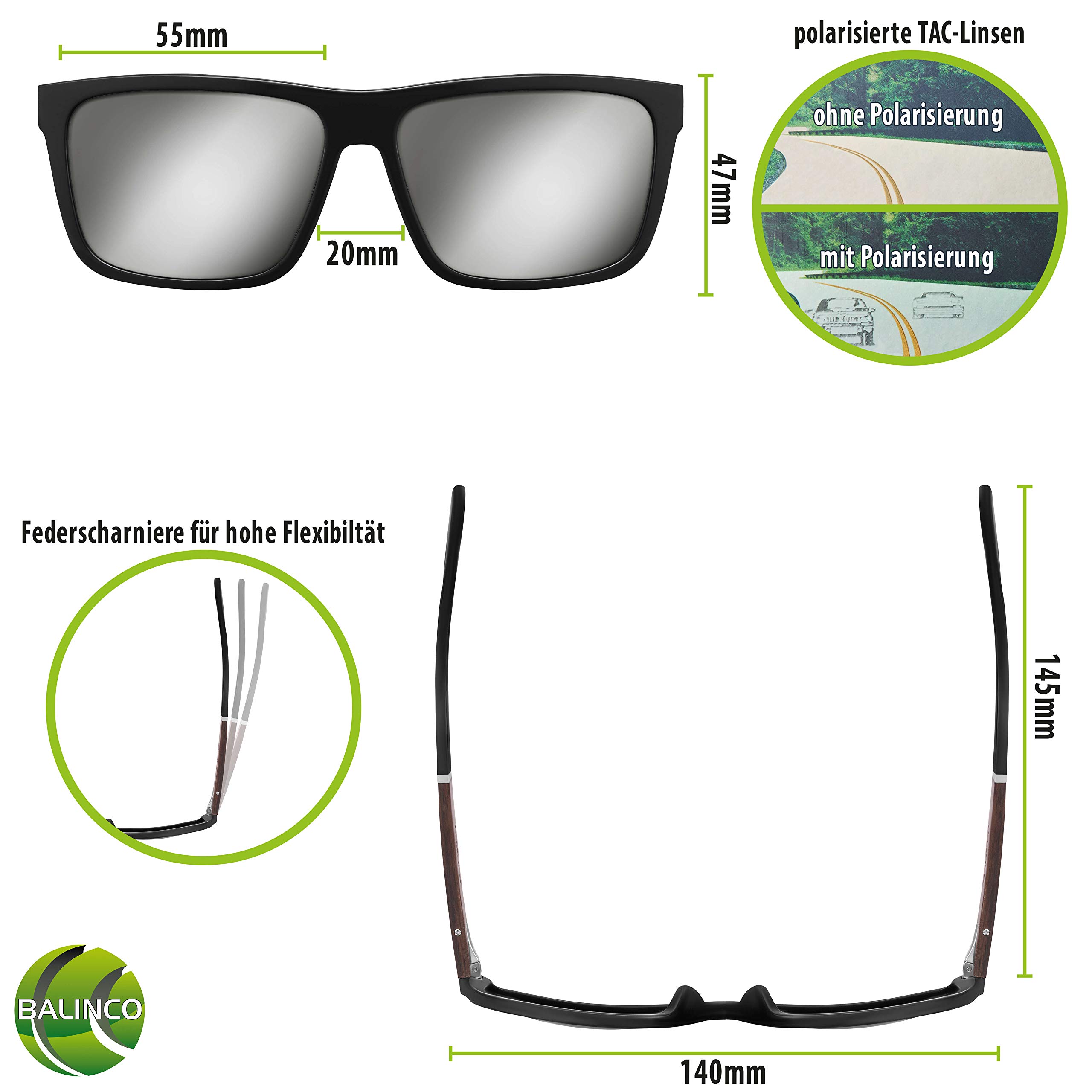 Balinco, Gafas de Sol Polarizadas (Hechas a Mano) con Lentes Rectangulares y Patillas de Bambú, para Hombres y Mujeres, Protegen de los Rayos UV o de los Reflejos, en un Práctico Set de Accesorios