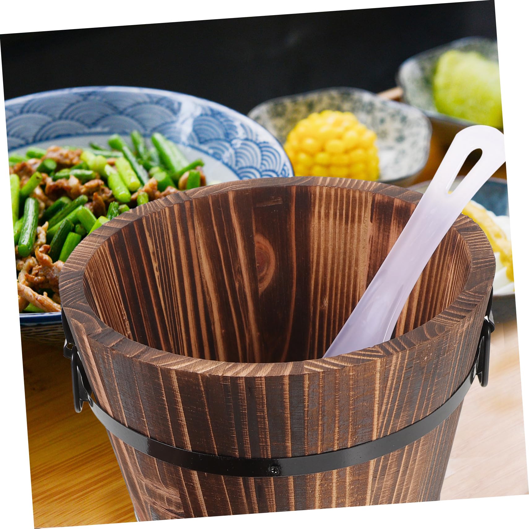 Secchio di Legno per Conservare Alimenti con Manico Anti-caldo e Coperchio, Contenitore per Cucina e Casa con Cucchiaio Incluso, Semplice e Bello Stili multipli