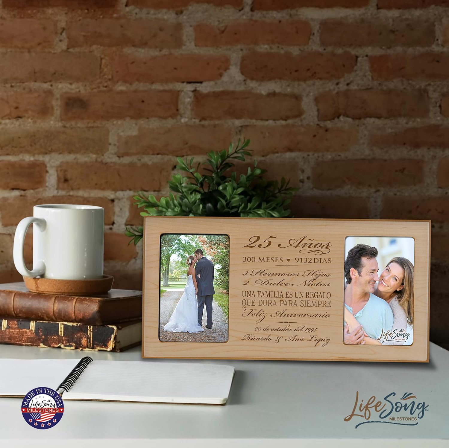 LifeSong Milestones Personalized 25th Anniversary Picture Frame Marriage Keepsake Gift with Spanish Verse - Twenty Five Years Wedding Gift for Parents Husband Wife Him Her Holds 2-4x6 Photo (Maple)