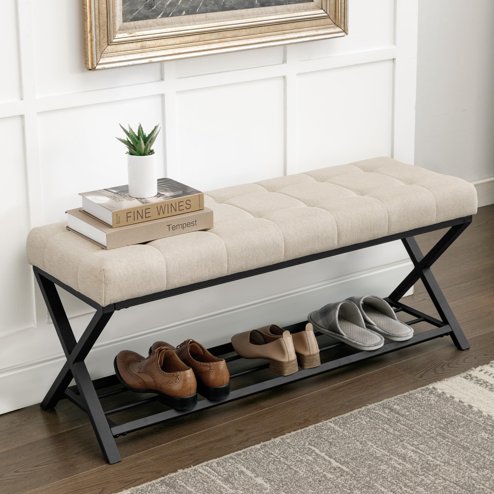 LUE BONA Schuhbank,Schuhbank mit Sitzfläche,Schuhbank mit Sitzbank und Leinen Gepolstertem,Sitzbank Flur mit Metallrahmen für Eingangsbereich,Wohnzimmer,Flur,113 x 38 x 46 cm,Leinen