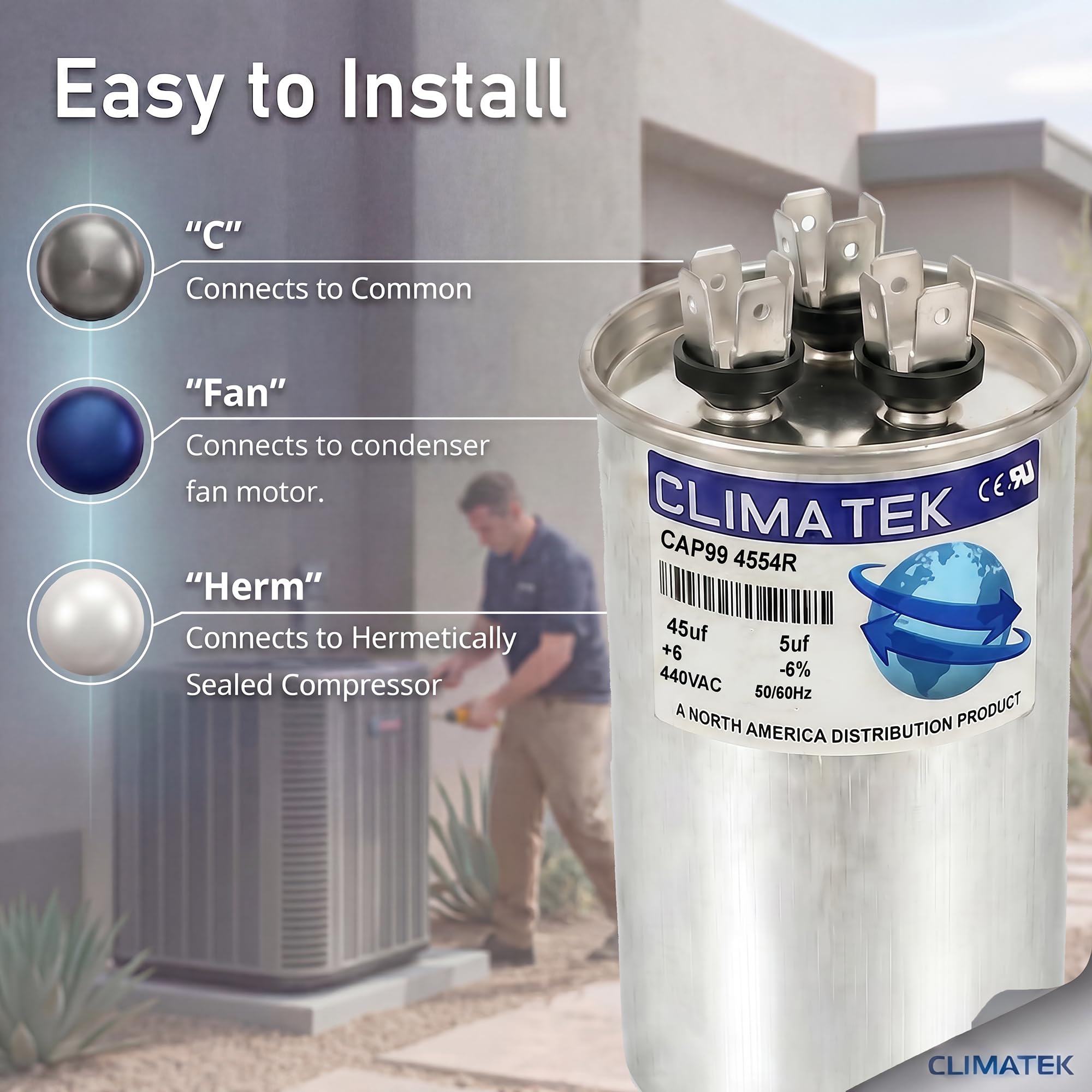 ClimaTek Round Capacitor Replaces American # CPT02380 | 45/5 uf 