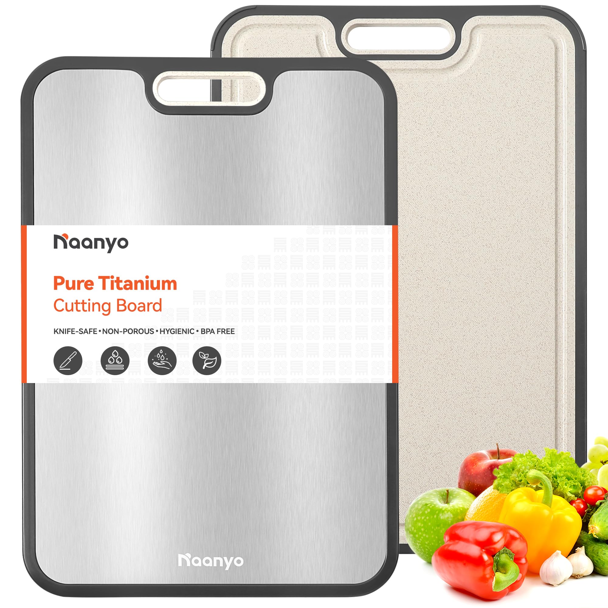 Titanium Cutting Board for Kitchen – Food Grade Pure Titanium, Non-Porous & Easy to Clean, 2-in-1 Chopping Board for Meat, Vegetables & Fruit, Large 16”×11”