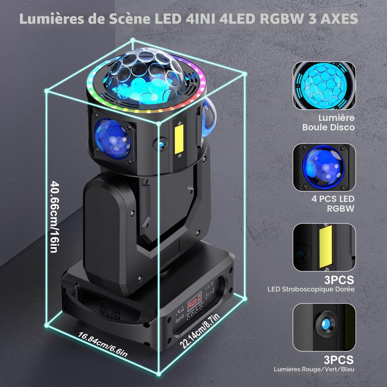 Lyre LED 150W Lumière à tête mobile RGBW Beam Wash Projecteur DMX512 Lumière de Scène Rotation infinie DJ Licht Bühnenlicht pour Party Club Fête Hochzeit Bar Théâtre