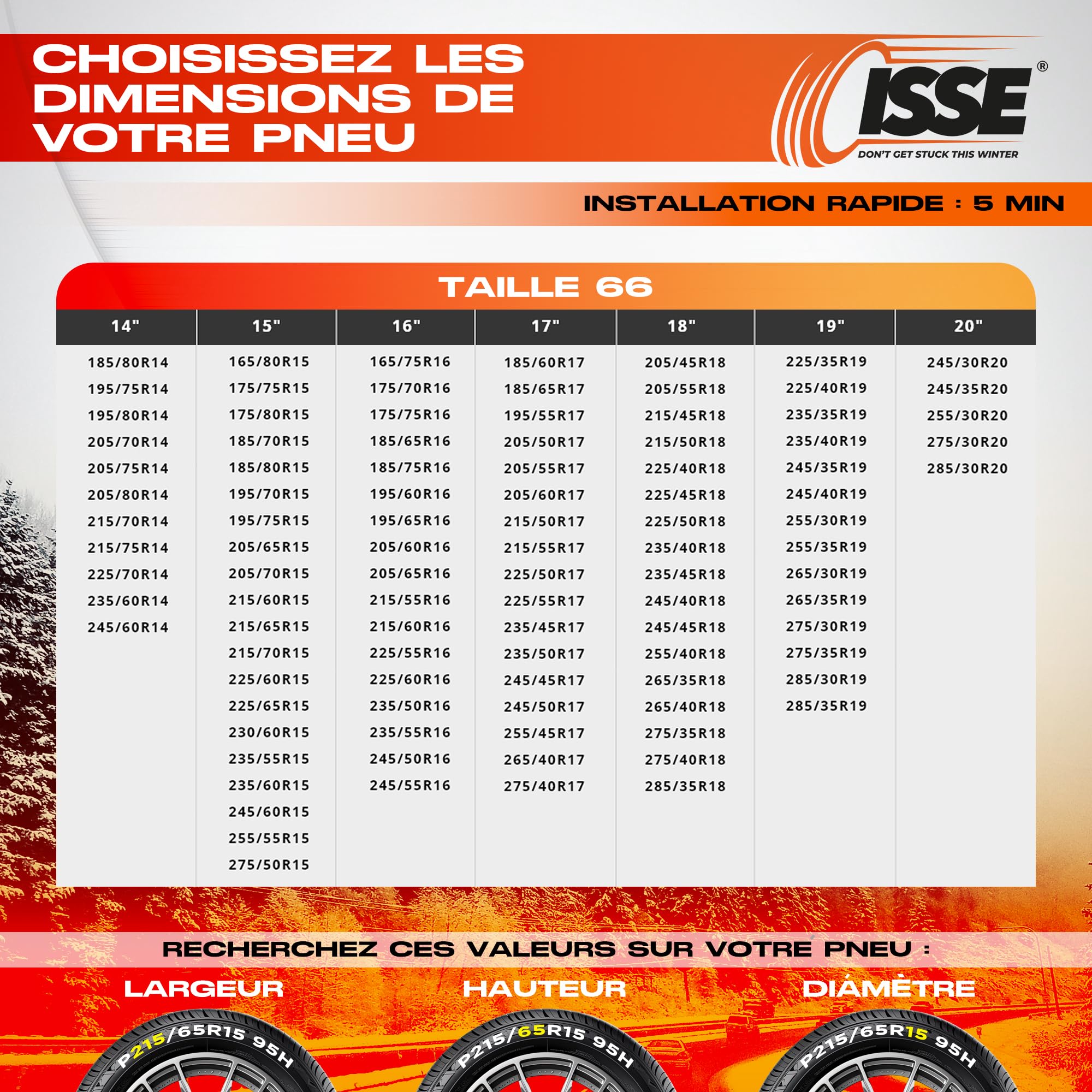 ISSE Jeu de 2 chaînes à neige en textile pour voiture ISSE Super Taille 66