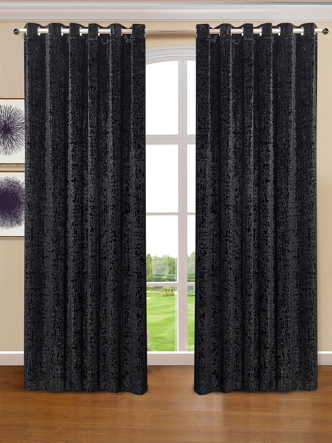 BQC Black Velvet Curtains 66 x 90 Inch - Super Soft Polyester Ring Top Eyelet Curtains For Bedroom and Living Room - Luxury Thermal Insulated Window Curtains, Set Of 2 Panels With Tie Backs