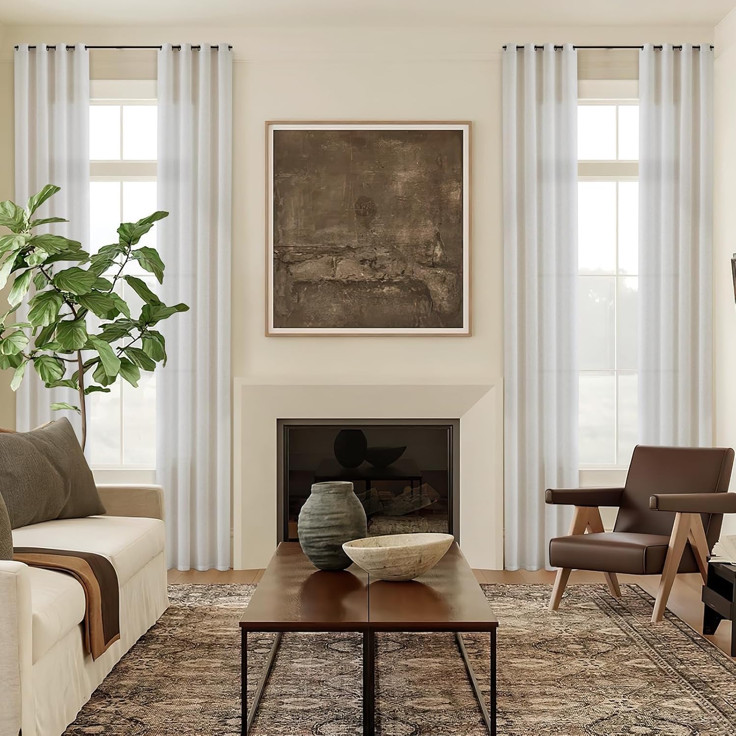 Cream Sheer Linen Curtains 156 Inches Long for High Ceiling Living Room Bronze Grommet Eyelet Drape Semi Sheer Ivory Natural Extra Long 156 Inch Curtain for 2 Story Large Windows Sliding Door 1 Panel Natural 52"W x 156"L (Pack of 1)