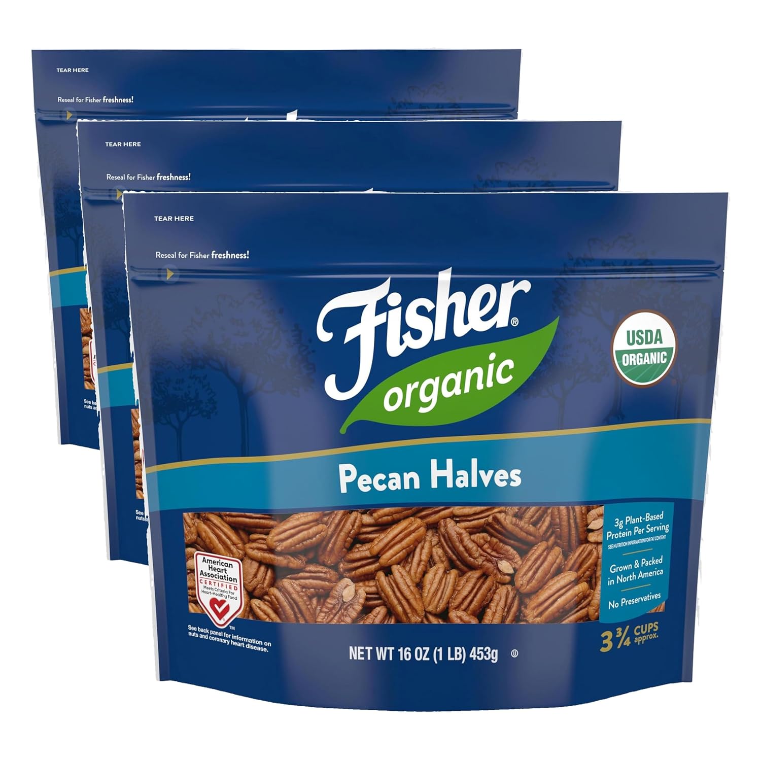 Fisher Organic Pecans Halves 16 oz (Pack of 3), USDA Certified Organic, Unsalted Raw Pecans, North American Grown, Non-GMO, No Preservatives, Keto & Paleo Friendly, Heathy Snack for Adults, Resealable Bag