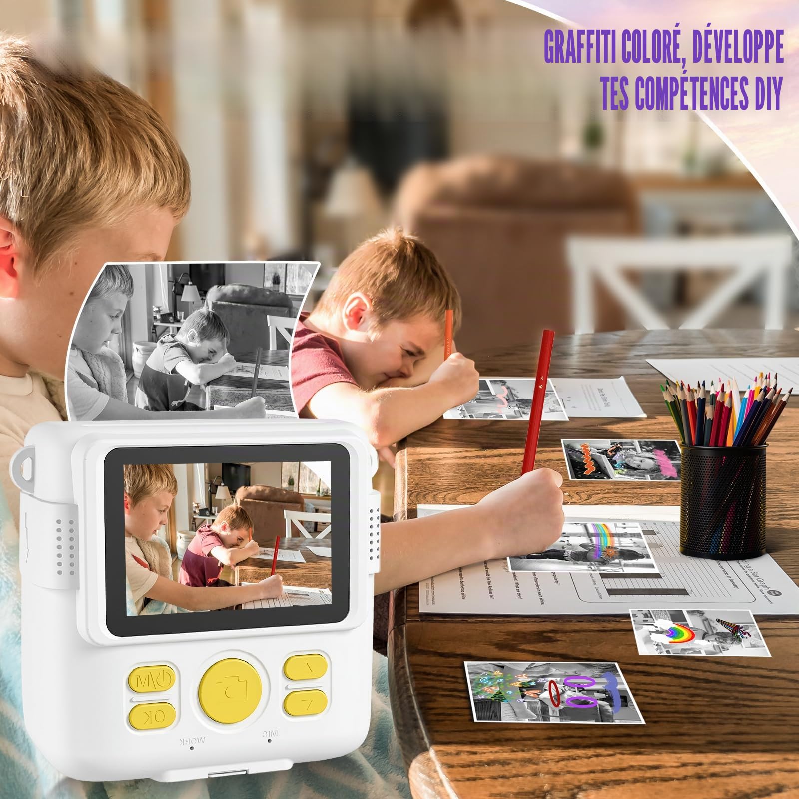 Appareil Photo Instantané Enfants, 1080P HD Appareils Photo Numériques Instantanés, 2.4'' Écran Appareil Photo Enfants avec Papier d'impression & Carte 32GB, Cadeau pour Filles Garçons 3-12 Ans
