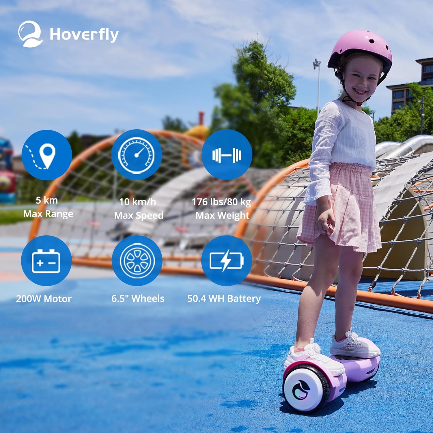Child on HOVERFLY Elf Hoverboard with performance metrics overlay
