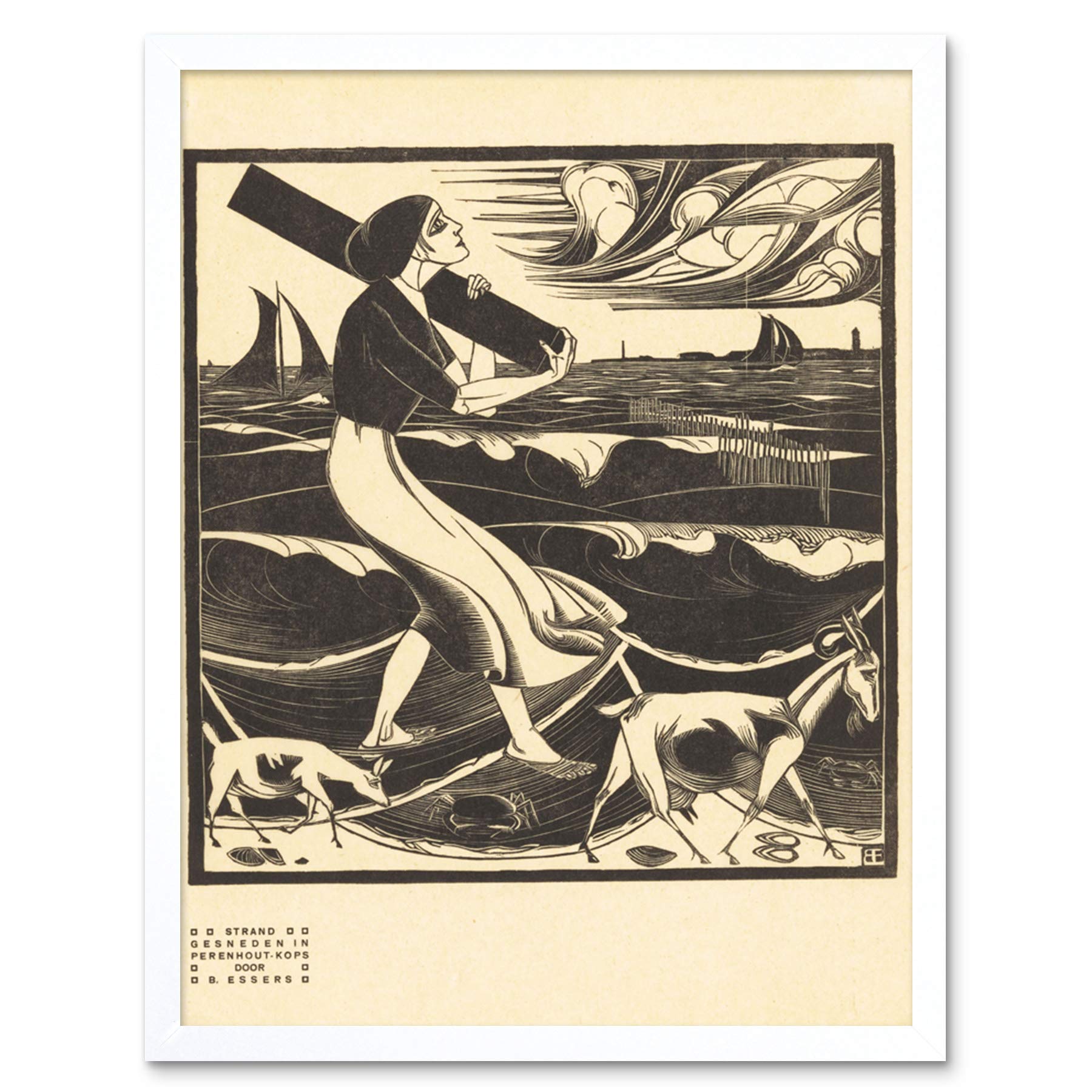Artery8 Bernard Essers Beach Woman Goats Bw Seascape Art Print Framed Poster Wall Decor 12x16 inch