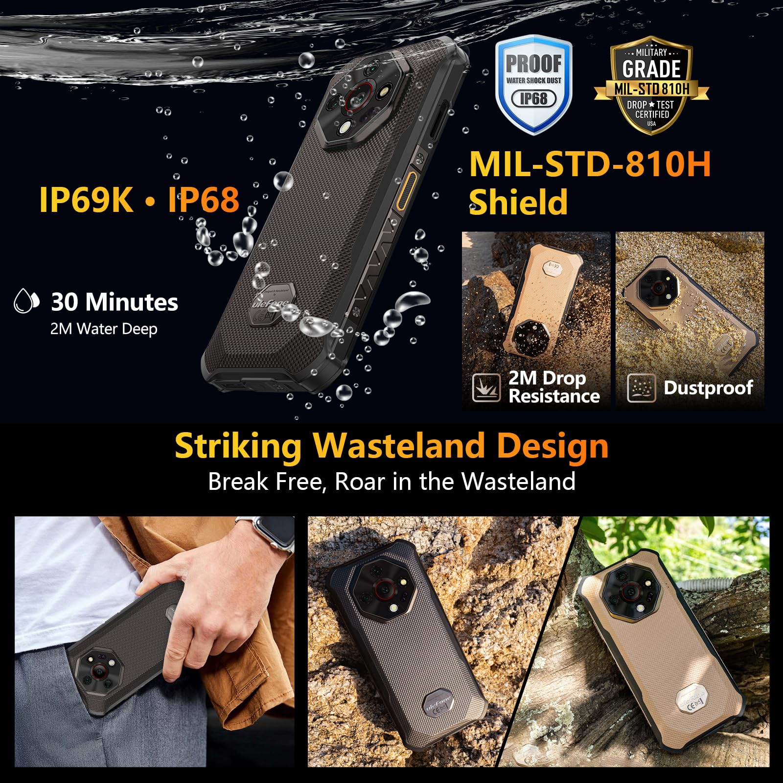 Ulefone Armor X16 Téléphone Portable Incassable Android 15, 12Go+128Go/SD-2TB 10360mAh Smartphone 48MP+16MP+20MP Vision Nocturne, Flashlight/3-Slots/6,56"/Octagon Dome-Inspired/GPS/OTG/NFC Ambre