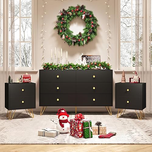 6 Drawer Dresser and Nightstand Set of 2, Modern Black and Gold Dresser Set with Golden Handles, 2 Drawer Nightstand & 6-Drawer Chest of Drawers