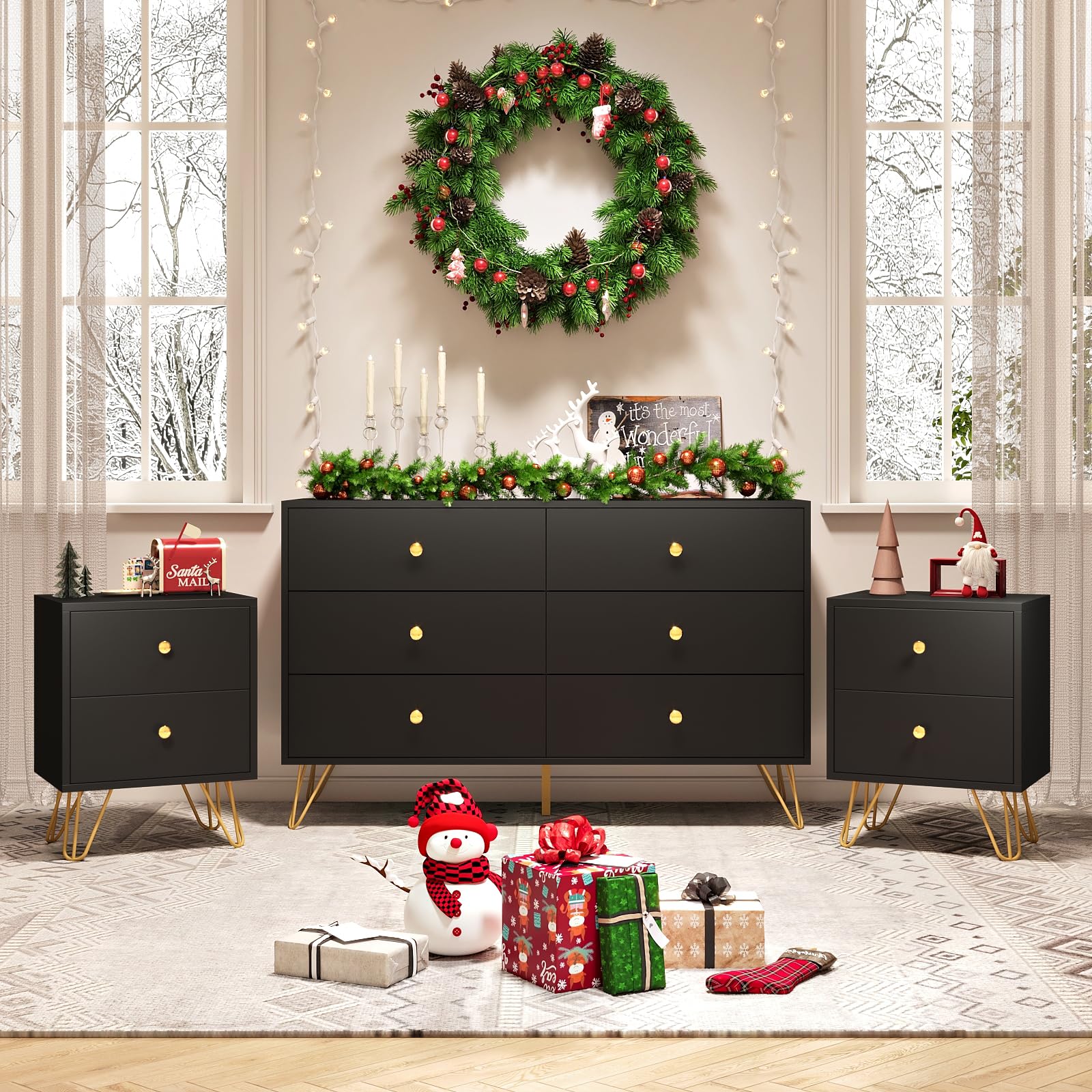 6 Drawer Dresser and Nightstand Set of 2, Modern Black and Gold Dresser Set with Golden Handles, 2 Drawer Nightstand & 6-Drawer Chest of Drawers