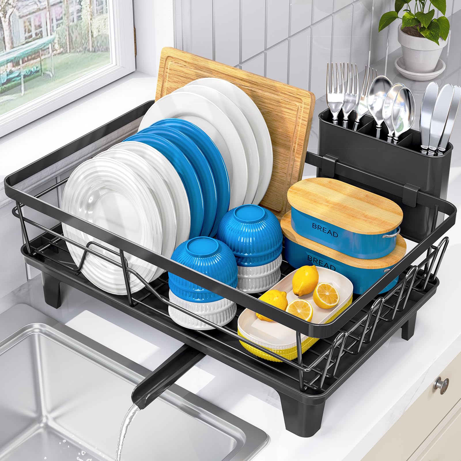 Urackify Dish Drying Rack - Large Dish Rack with Drainboard for Kitchen Counter, Stainless Steel Dish Drainer Fits Most Kitchen Sinks, Black
