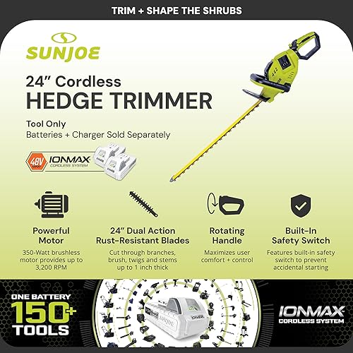 Miniatura 2 de Sun Joe Herramienta de cortasetos inalámbrica con mango giratorio, ligera y portátil, 24 pulgadas, 48 V, motor de 350 W, máquina de corte resistente
