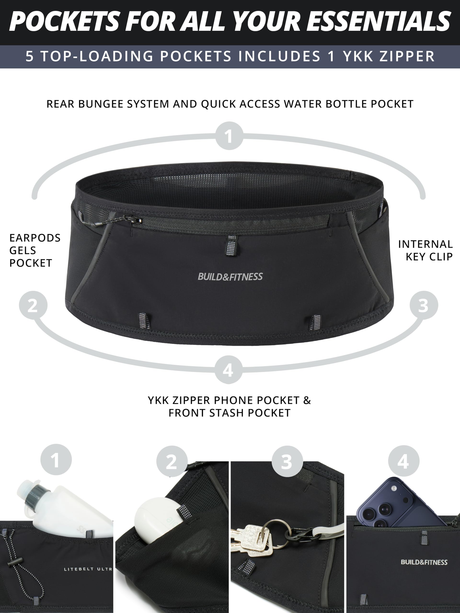 LITEBELT Ultra Laufgürtel mit Reißverschluss – Leicht, reflektierend, mit YKK-Reißverschluss für Handy, 5 Taschen von Oben für Gels, Trinkflasche und Schlüsselclip – Freihändiges Laufen, Größen XS–XL