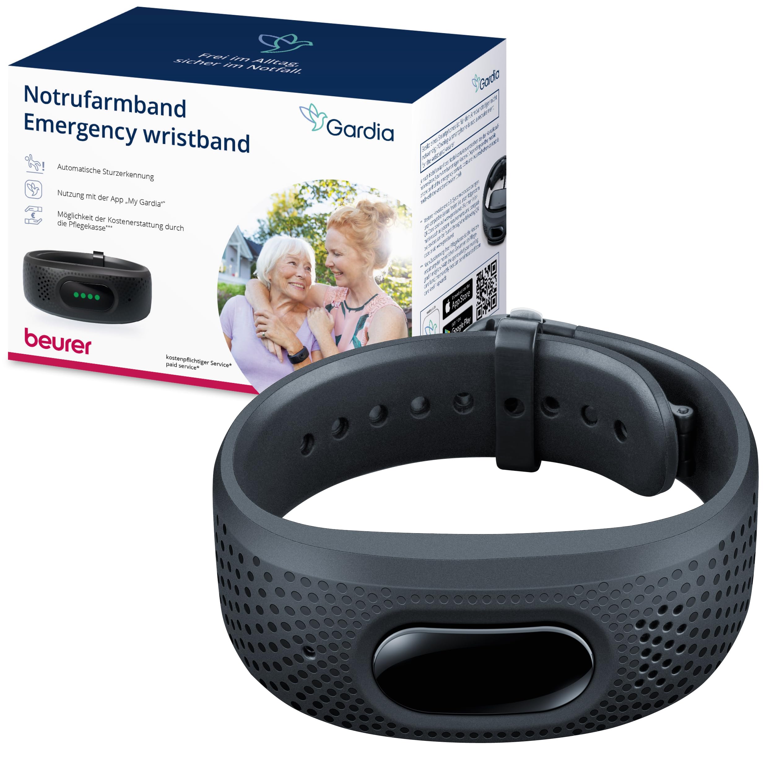 Beurer – Gardia Notrufarmband mit Sturzerkennung, innovatives Notrufsystem aus Armband und App, Sprachverbindung im Notfall, 24h Notrufservice Zuhause & unterwegs, alle Vorteile mit erforderlichem Abo