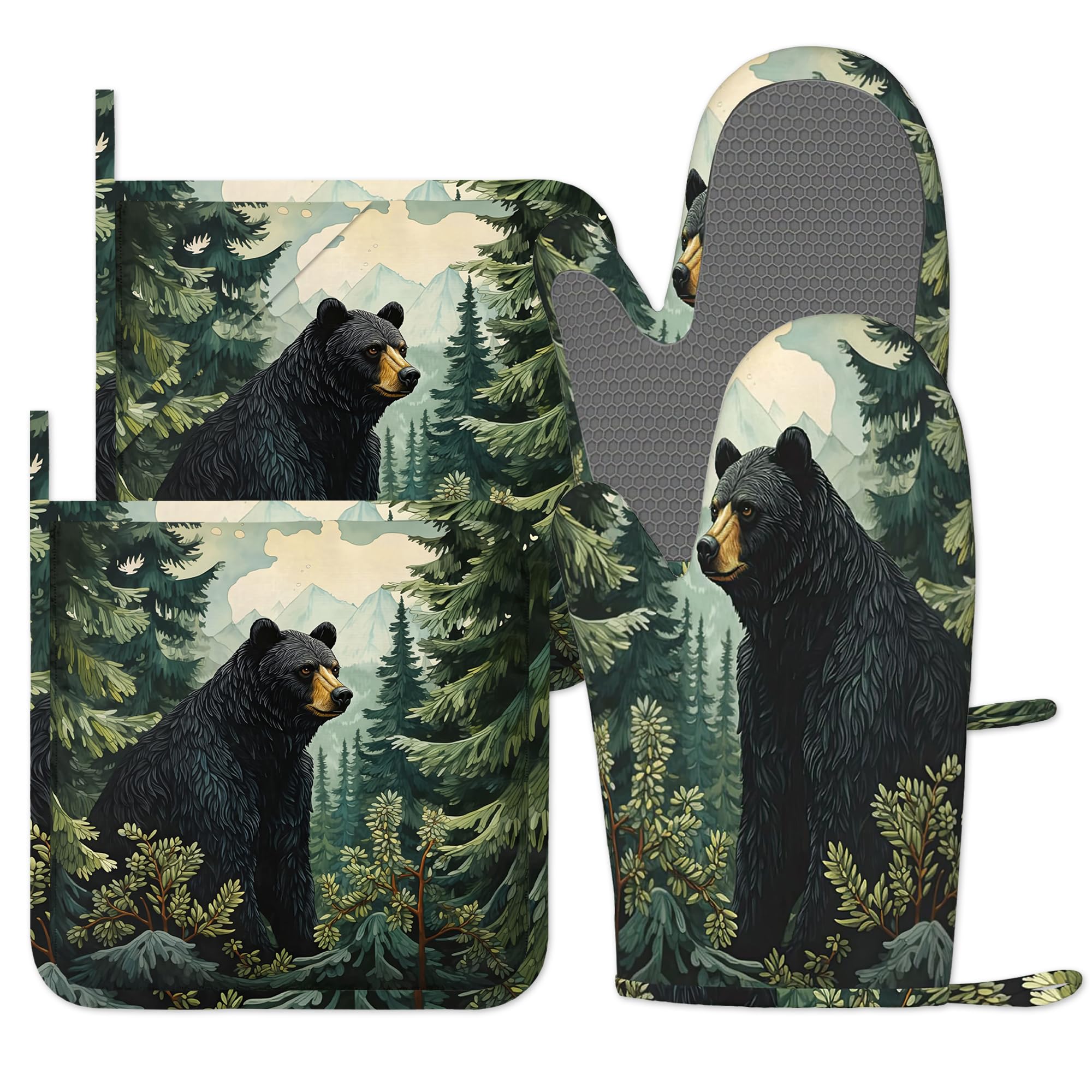 Oven Mitts and Pot Holders Sets, Black Bear Forest Oven Gloves Heat Resistant, Cute Baker Stuff, Chef Cooking Baking Gifts for Bakers, Kitchen Gifts for Cooking Lover Cooks Mom