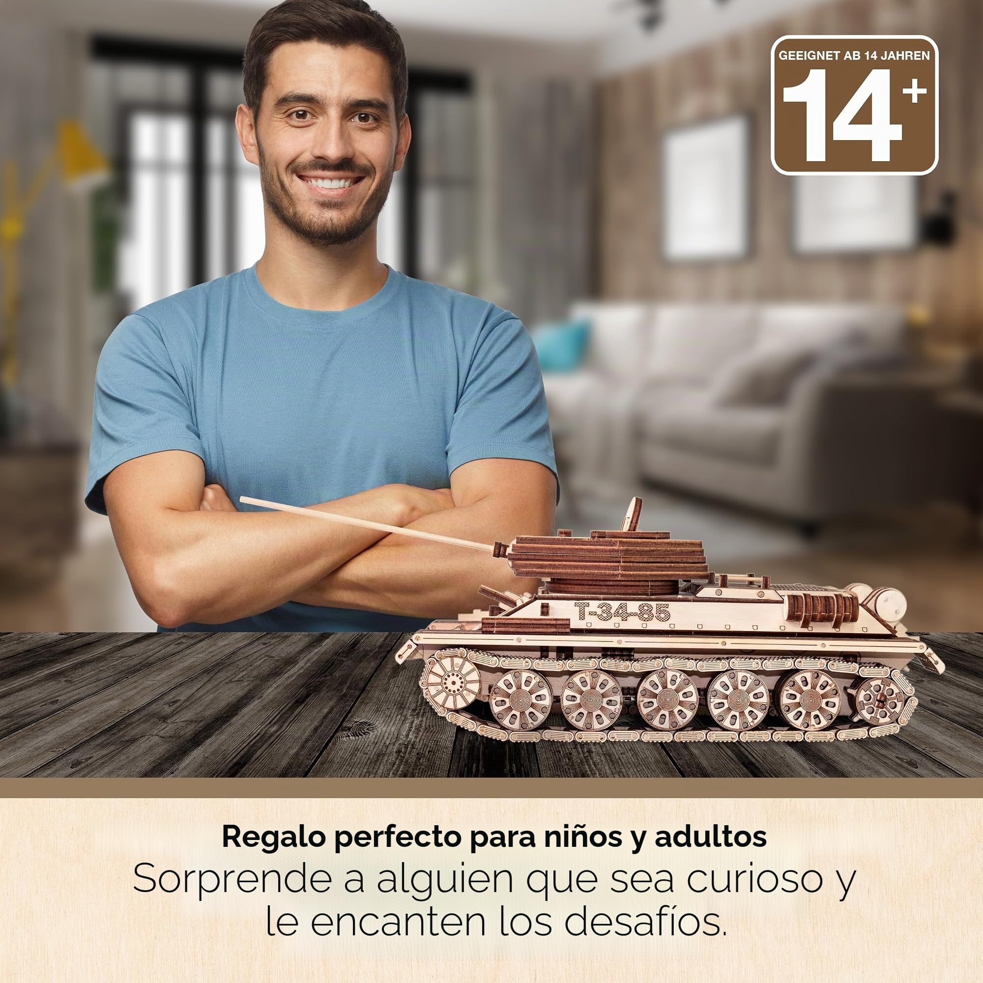 EWA Eco-Wood-Art Tanque T-34-85-Rompecabezas mecánico 3D de madera,Montaje sin pegamento-965 piezas, color naturaleza (Tank T-34-85)