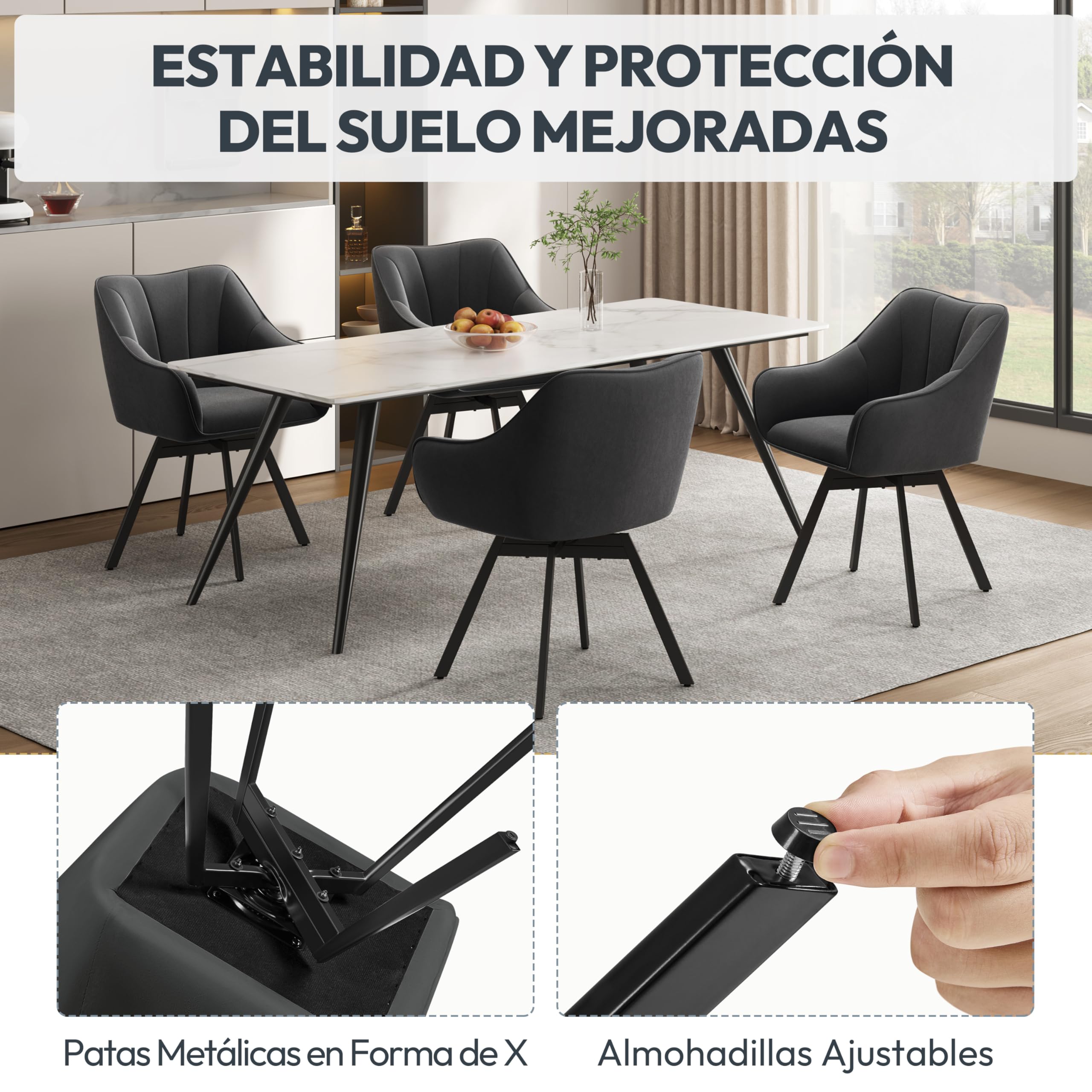 Yaheetech Silla de Comedor Giratoria con Reposabrazos Respaldo Sillón Auxiliar Moderno de Terciopelo con Patas Metálicas Asiento Giratorio para Cocina Salón (1, Gris Oscuro)
