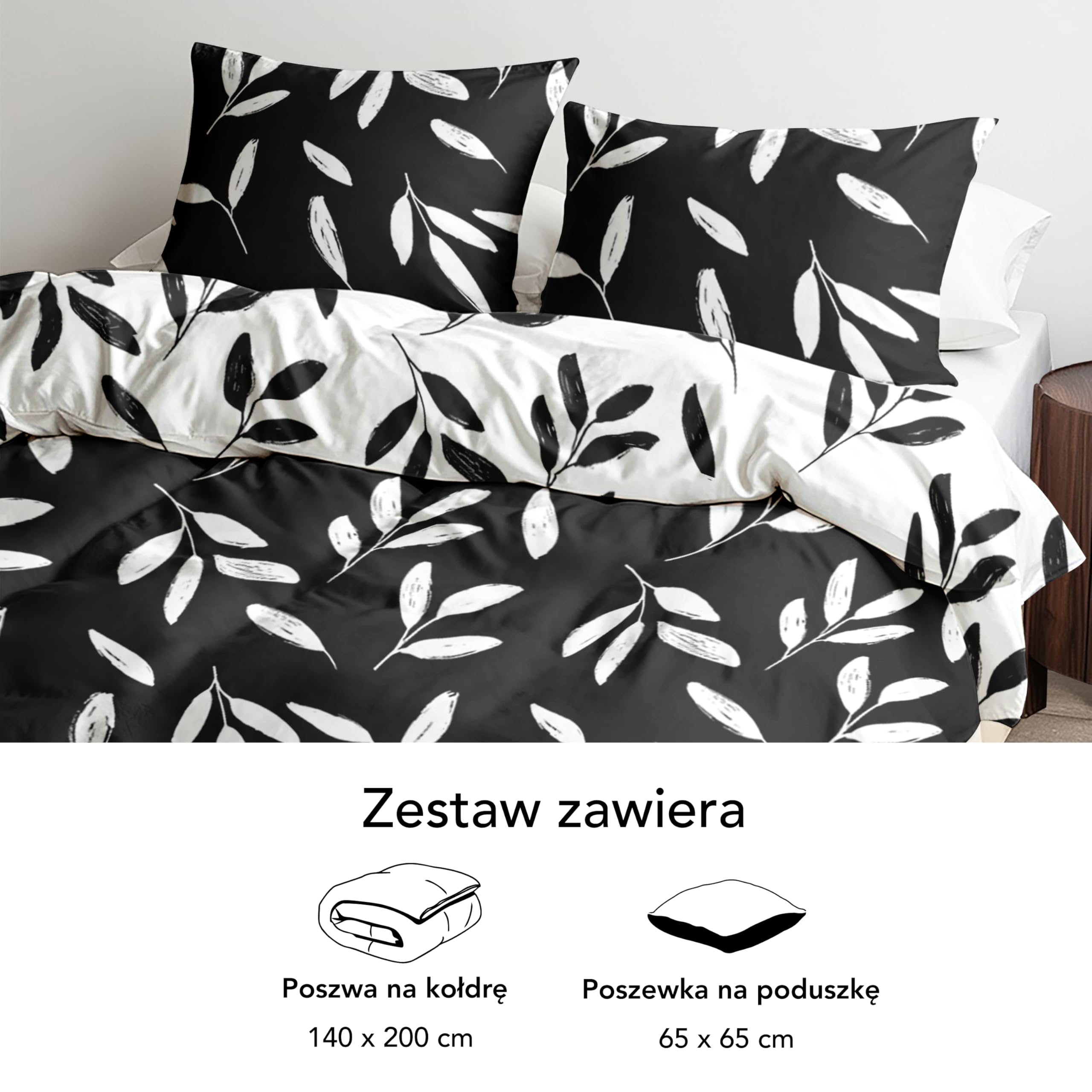 Poszwa na kołdrę Dreamzie 140x200 cm z 1 poszewką na poduszkę 65x65 cm, biały czarny kwiatowy wzór, zestaw pościeli 140x200 z zamkiem błyskawicznym, pościel pojedyncza, Oeko TEX