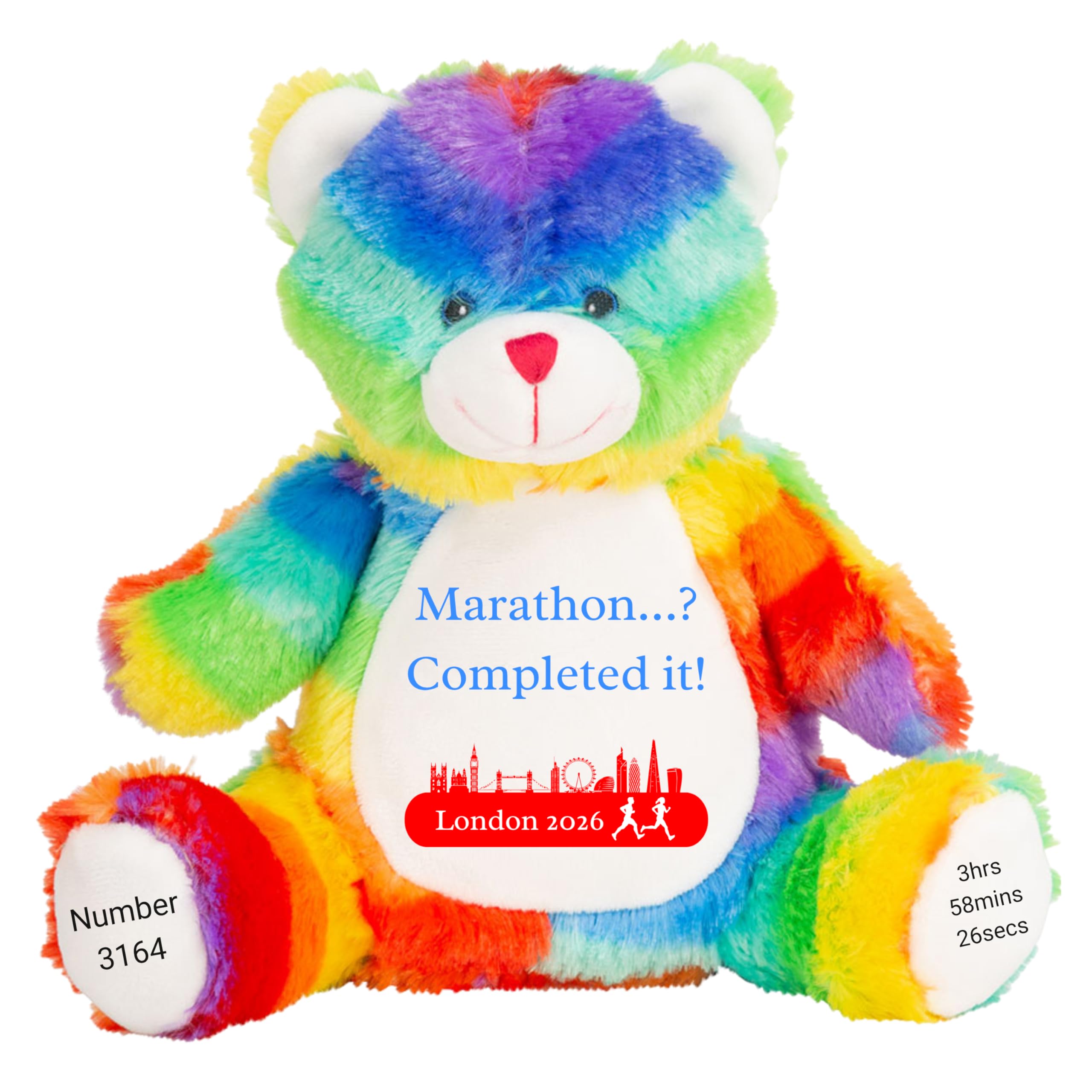 HotScamp Marathon Gift Cuddly Toy - Personalised London 2026 Teddy Marathon? Completed It! Customised Runner Running Finish Medal Congratulations Well Done Run Soft Cuddly Plushie - Rainbow Teddy