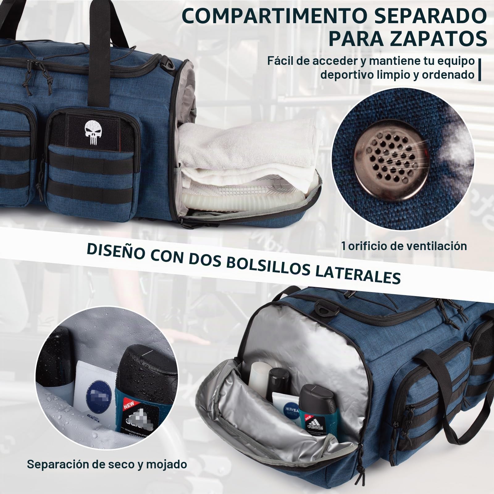 Bolsa Táctica Gimnasio Hombre, 3 en 1 Deportiva 50L para Viajes | Bolsa Deportiva Táctica 3en1, compartimento zapatos, tela impermeable, ideal para escapadas fin de semana, viajes y deportes