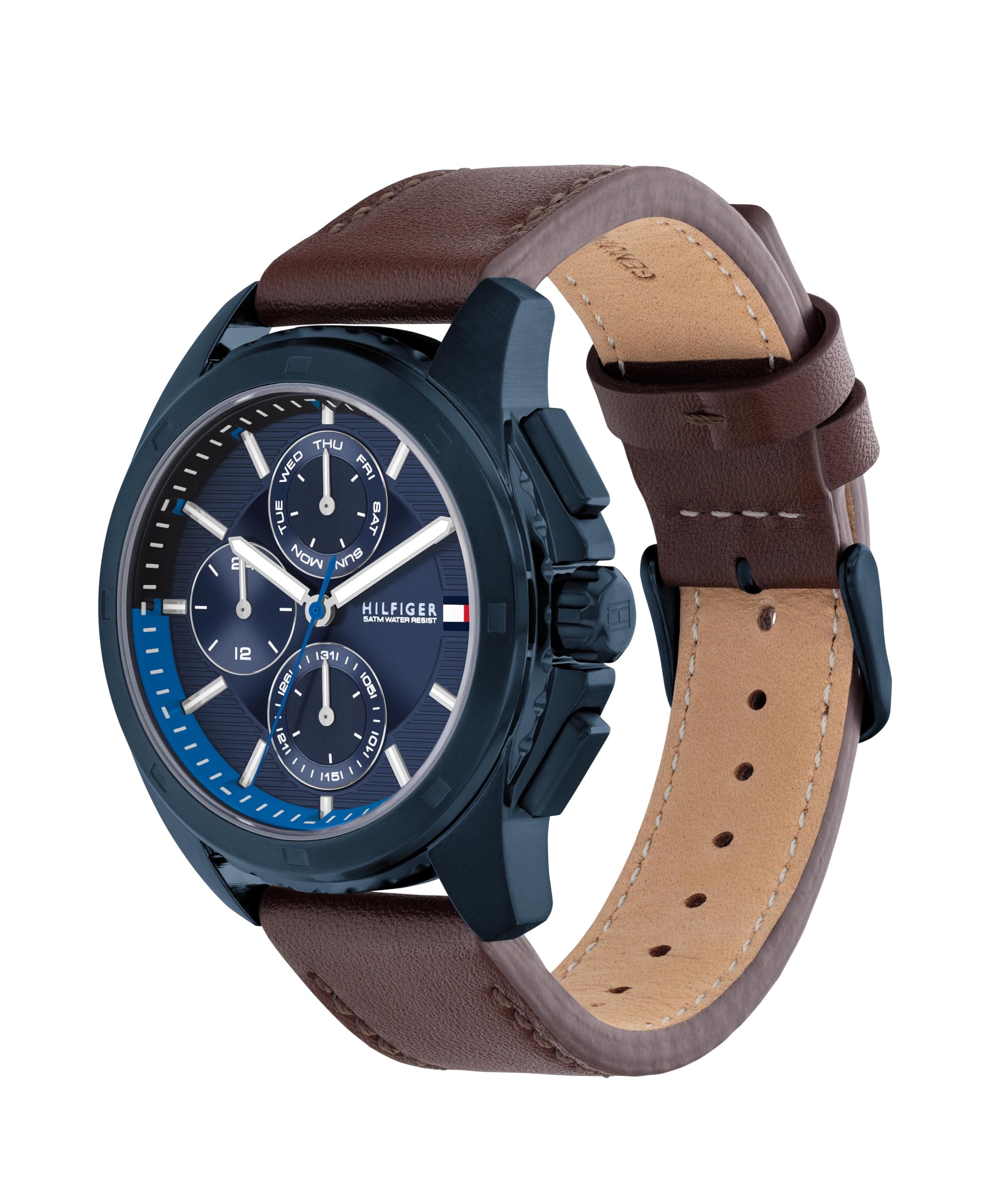 Tommy Hilfiger Mens Navy Blue Stainless Steel & Brown Leather Strap Watch (B0D5YMPYYR) Amazon Price History, Amazon Price Tracker