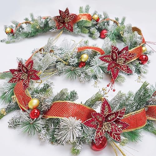 Guirnalda de Navidad de 9 pies con luces, adornos de decoración de corona de Navidad preiluminada con flores de Pascua y bolas para manto, exterior, disponible en Yaxa Peru