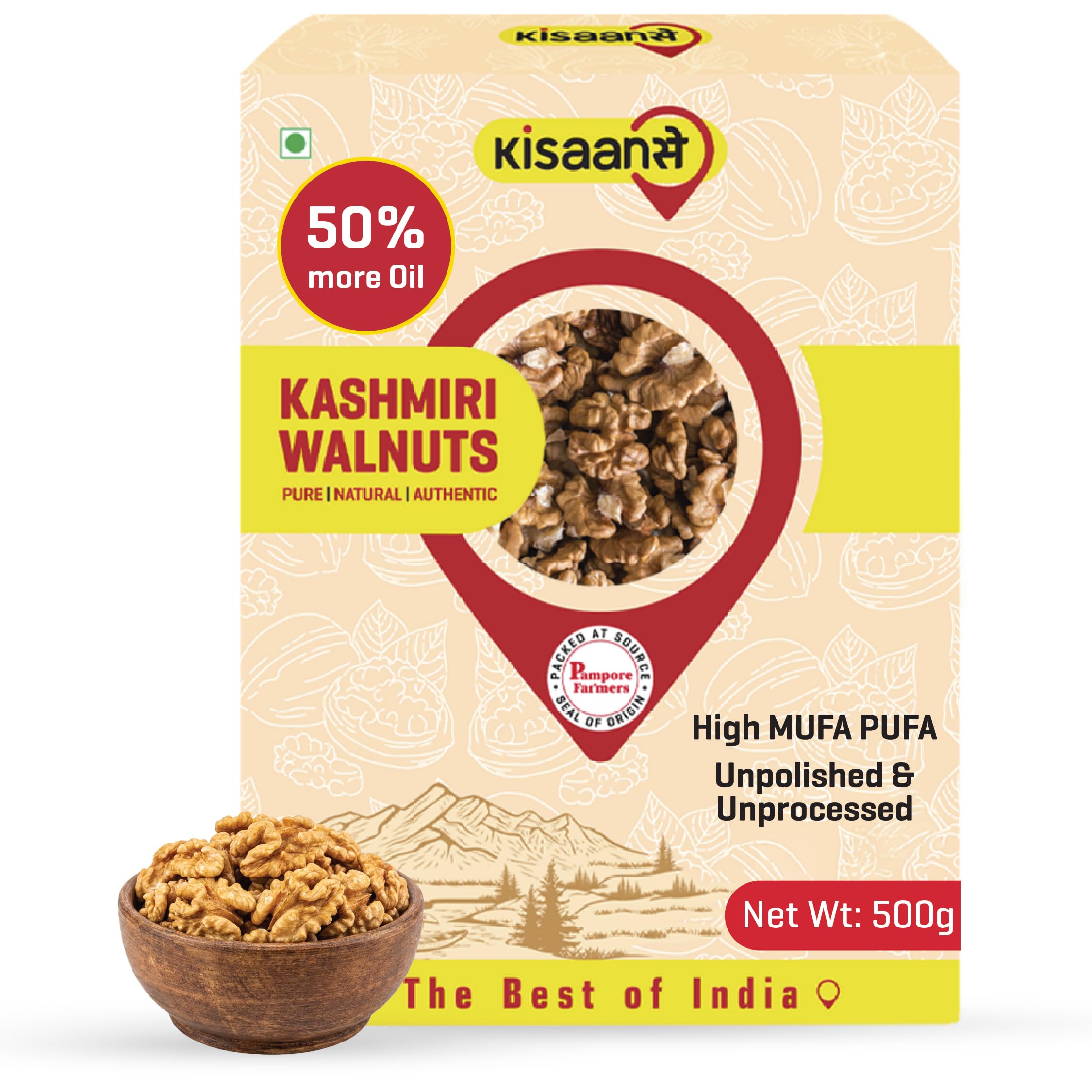 Kisaansay Kashmiri Walnuts 250gms, Without Shell, Best Oil Content, Vacuum-Packed At Source, Fresh as Just Harvested, Fresh Akhrot Giri