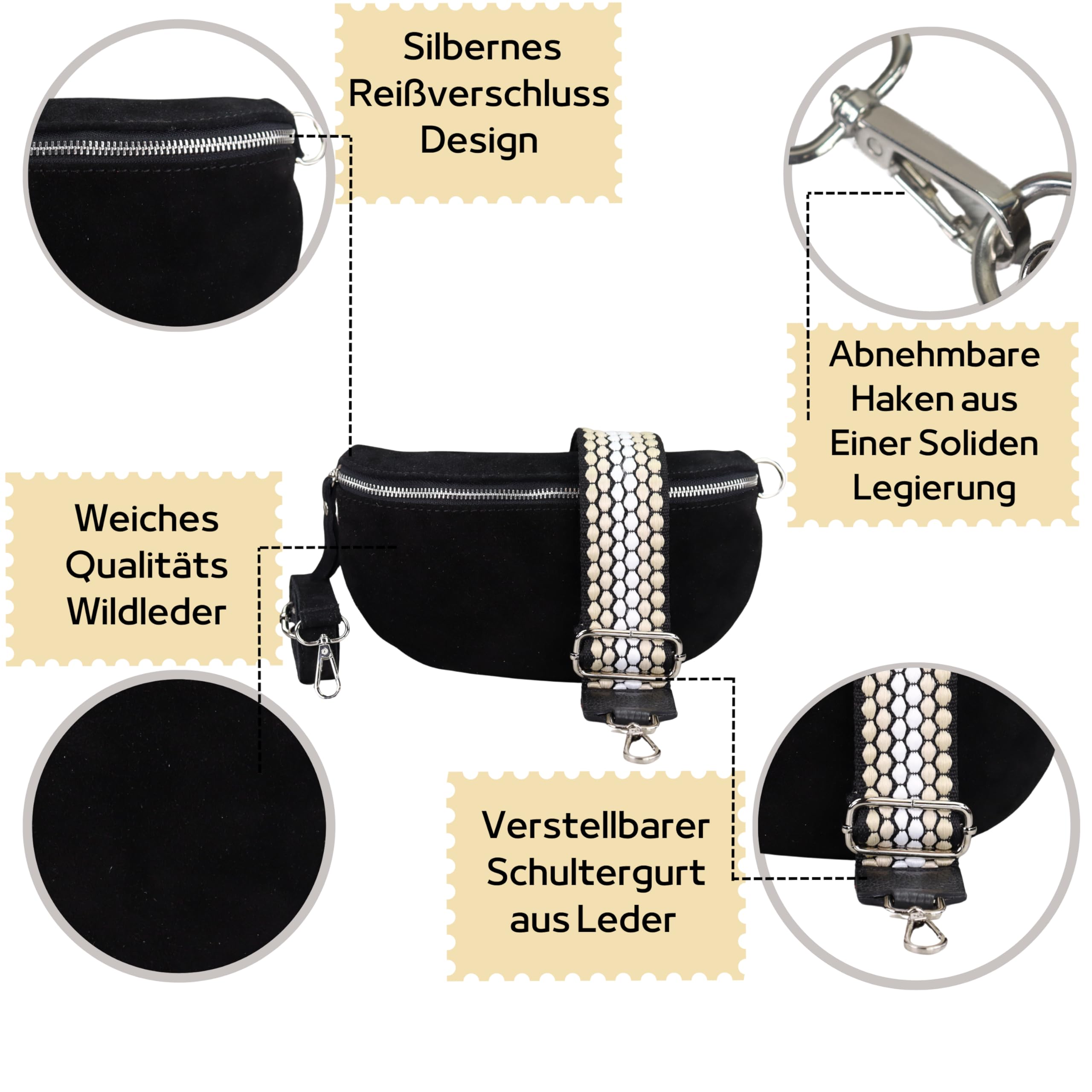 Blade Marsupio da donna, realizzato a mano, in pelle scamosciata, borsa a tracolla, marsupio in vera pelle con cinghie a fantasia, 3 misure, elegante borsa a tracolla in Italia, regalo per te, in