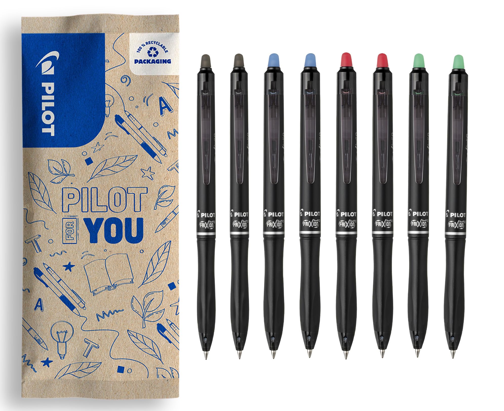 Set of 8 FriXion Ball Plus - Ergonomic Eraser Pens - Retractable & Refillable - Made of Recycled Plastic - 2 Black by PILOT – 1 Count (Pack of 1), Model FLW490487PCE