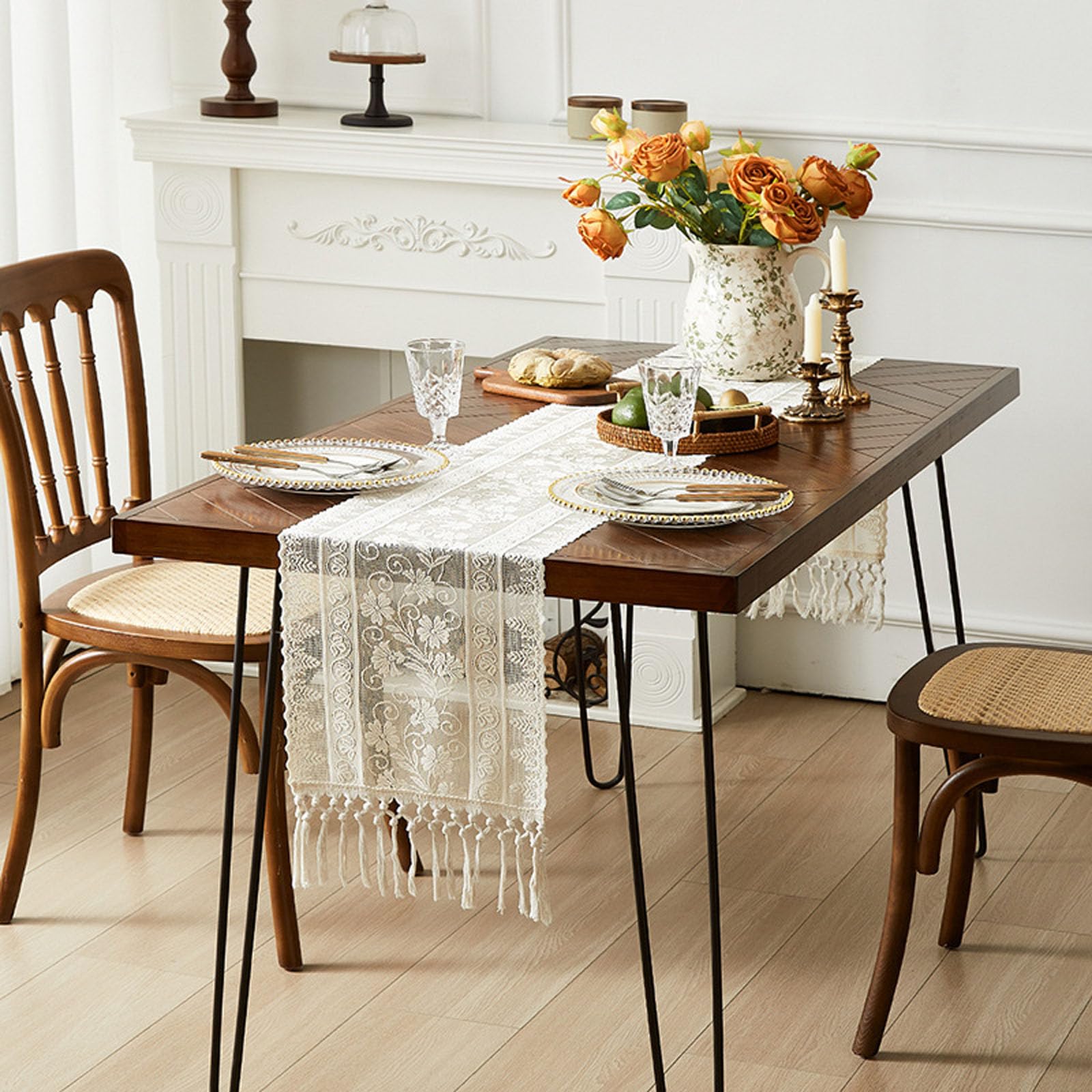 KLUSIET Long Table Runner with Tassels, Macrame Table Runners, Woven Lace Table Runner, Farmhouse Table Runner for Home Dining Table Décor(102in,C)