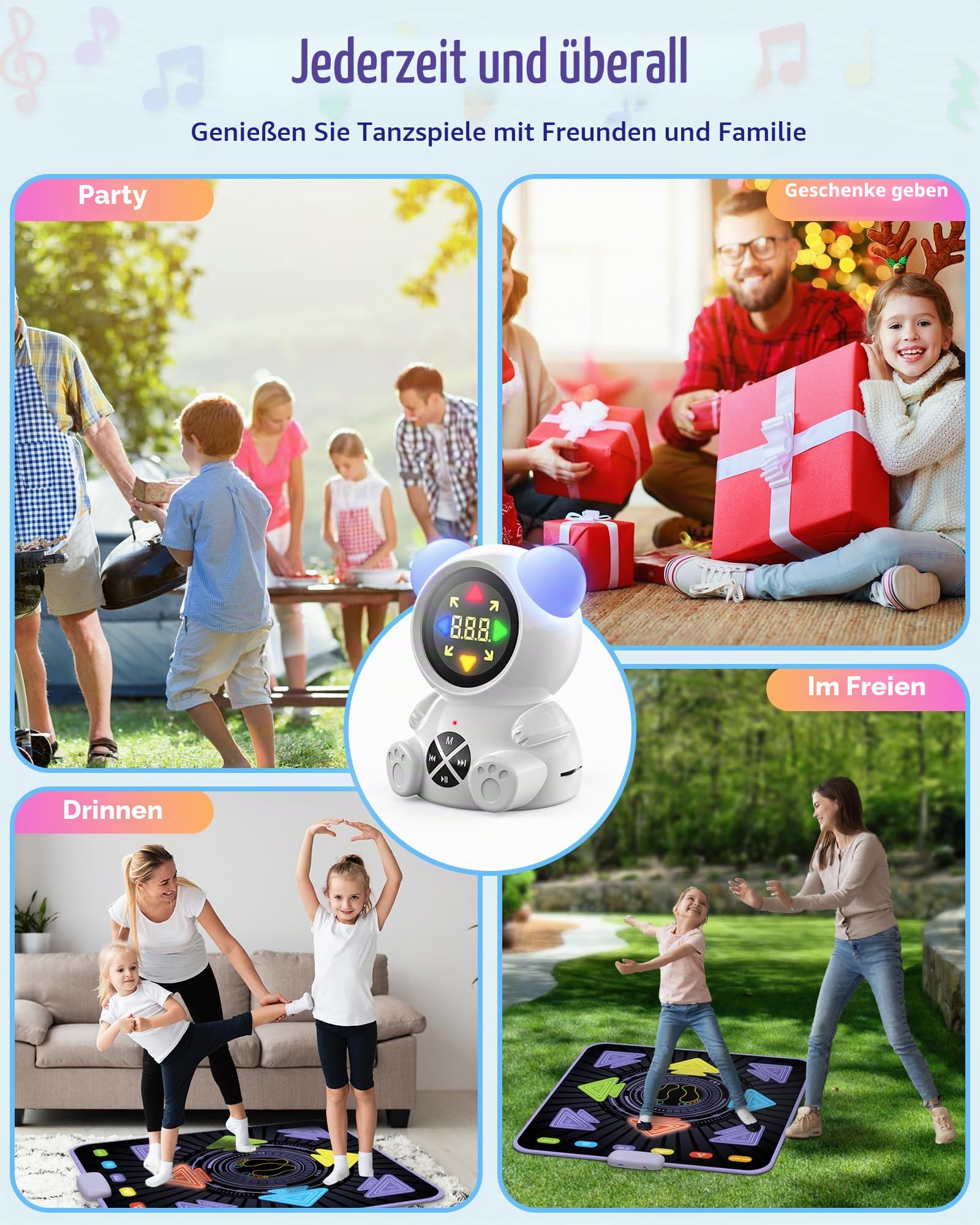 Tanzmatte Kinder - Wiederaufladbares elektronisches leuchtende Tanzmatte mit Bluetooth-Musikplayer & LED-Leuchten & T5 Spielmodi, Geschenk für Mädchen im Alter von 3-12 Jahren, Jungen