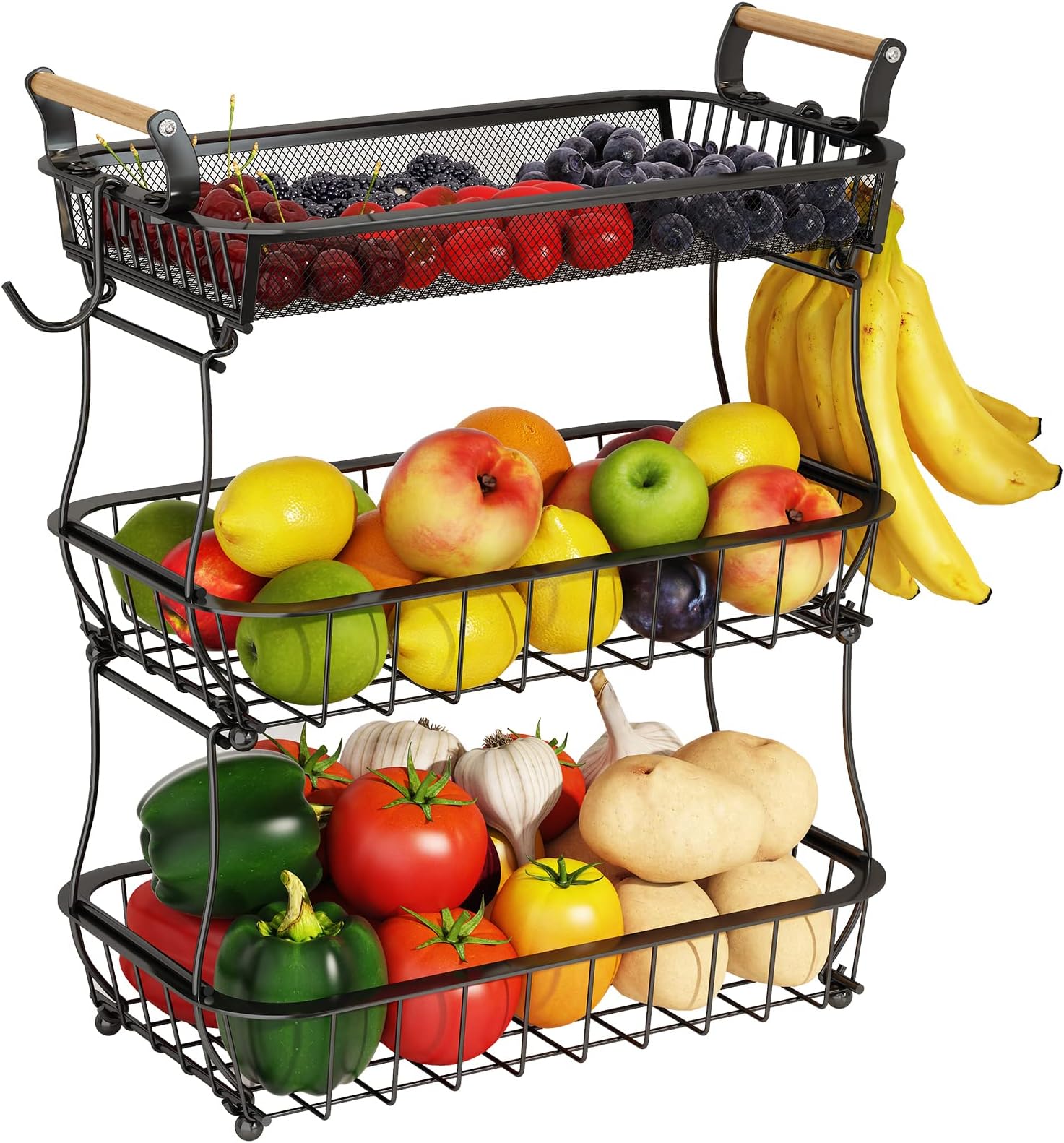 3 Tier Fruit Basket with 2 Banana Hangers, Countertop Vegetable Bowl Kitchen Counter Metal Mesh Fruits Stand Produce Holder Organizer Onion Potato Bread Snack Veggie, Black