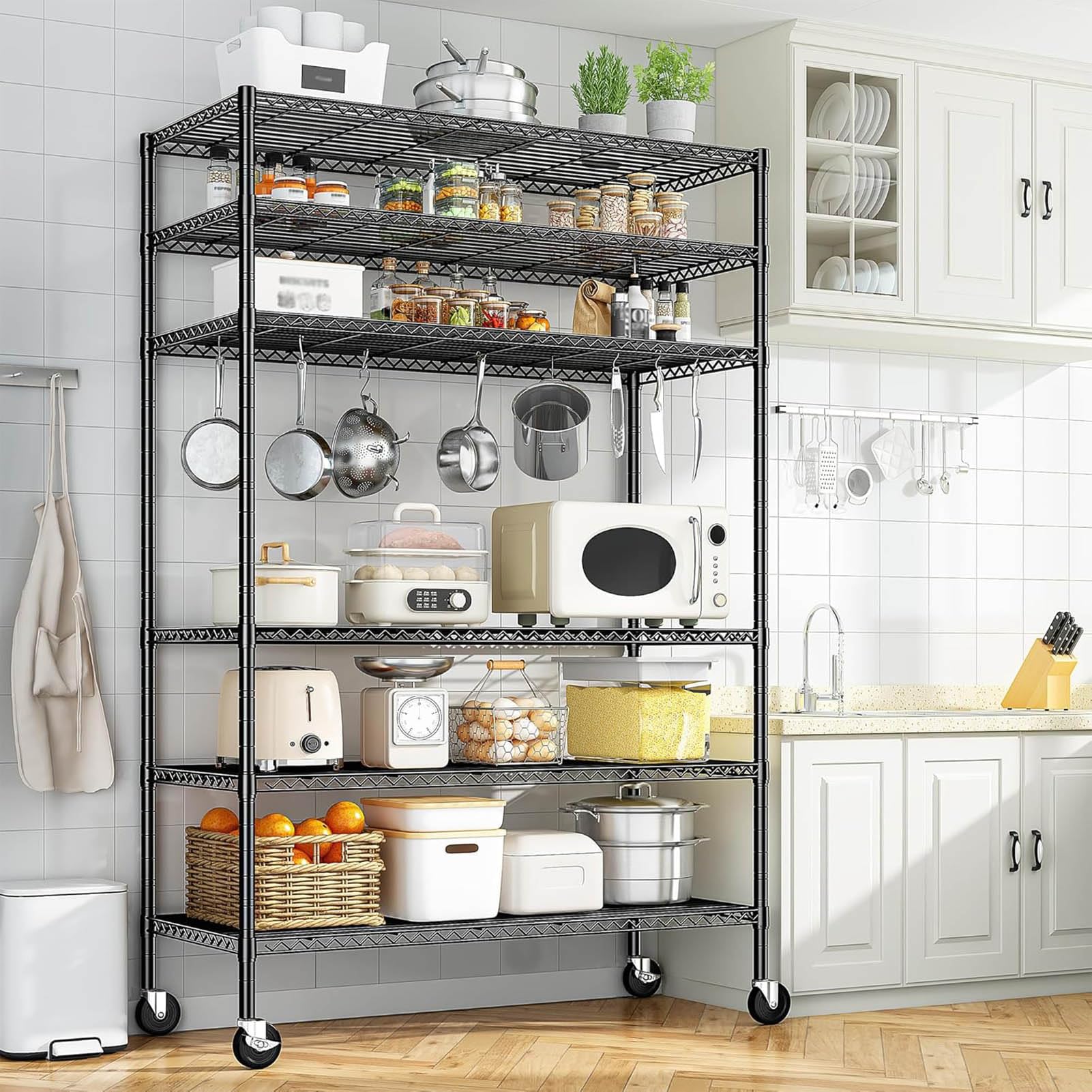 Scaffale regolabile in metallo a 5 ripiani su ruote, versatile per garage, dispensa e organizzazione domestica, soluzione di archiviazione resistente per un facile accesso