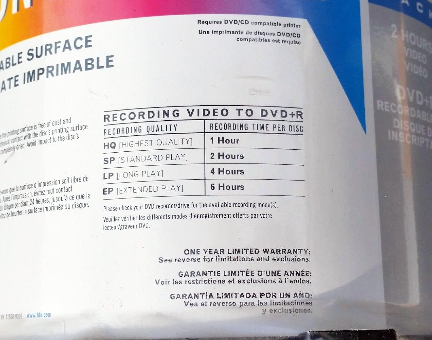 100 on spindle pack TDK Print On DVD R 8x 4.7 GB single sided white matte