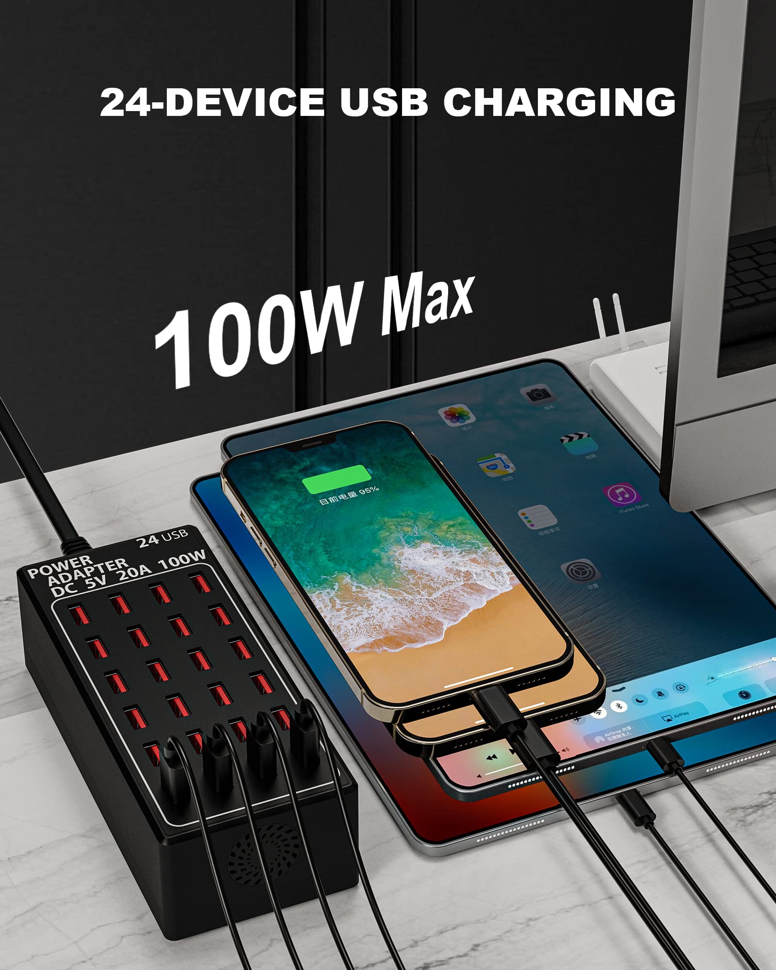 Stazione di ricarica USB a 24 porte, 100 watt (20 A), caricabatterie rapido da viaggio, organizer per stazione di ricarica rapida multi porta, compatibile con smartphone, tablet e altri dispositivi