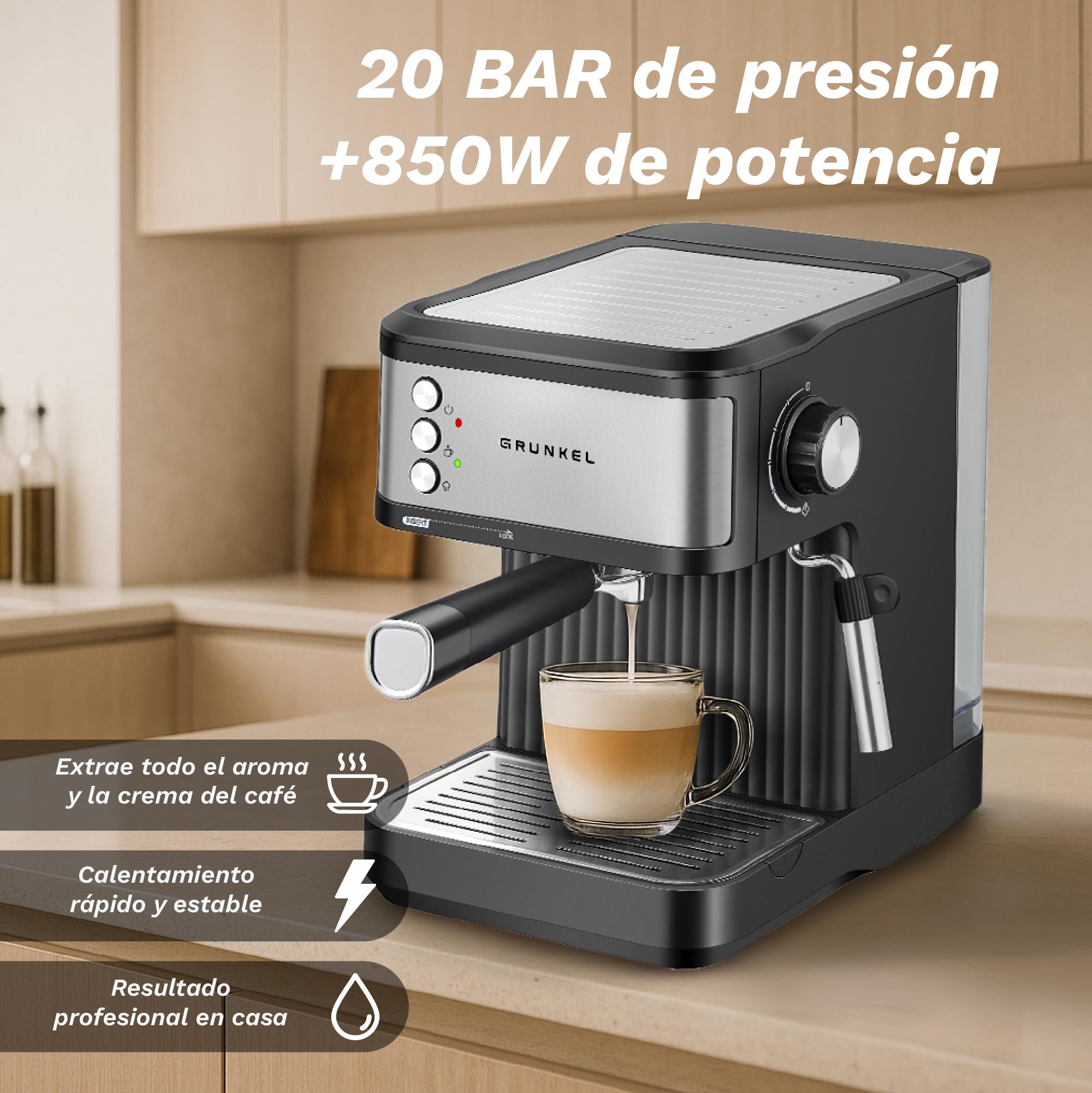 Grunkel Cafetera Espresso de 20 Bares, 850W, Panel Táctil/analogico con vaporizador orientable y brazo doble salida Depósito 1,8L (Analógica)