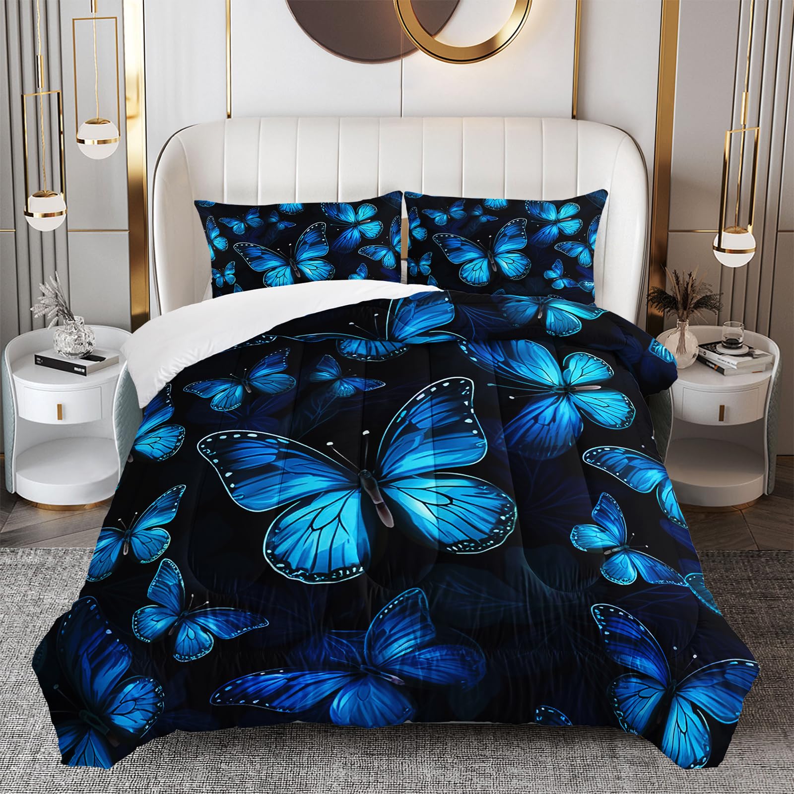 OUIXOTIC Blue Butterfly Bedding Sets Full Dreamy Butterfly Comforter Set, Butterfly Comforter Set for Girls Kids Teens 3 pcs Bed in a Bag Bedding Sets,Black Bed Set with1 Comforter and 2 Pillowcase