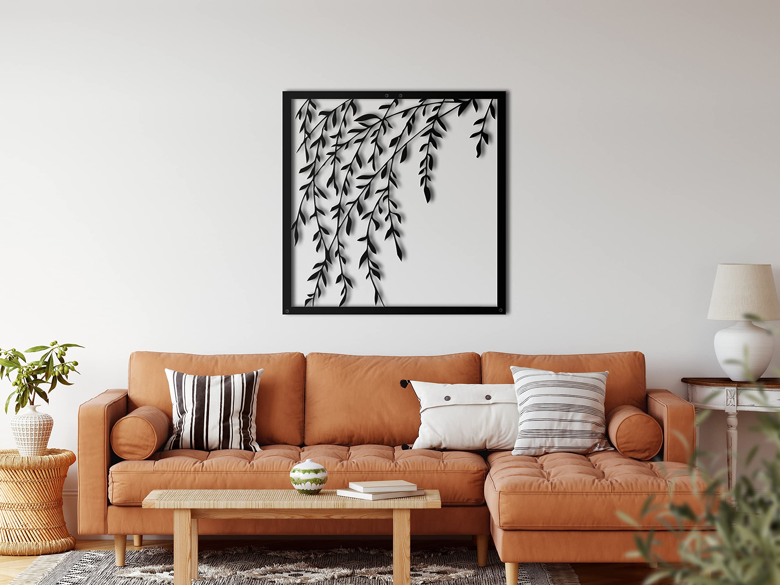 DEKADRON Décoration murale en métal, avec cadre en forme de branche feuillée, décoration d'intérieur et d'extérieur (90 x 90 cm)