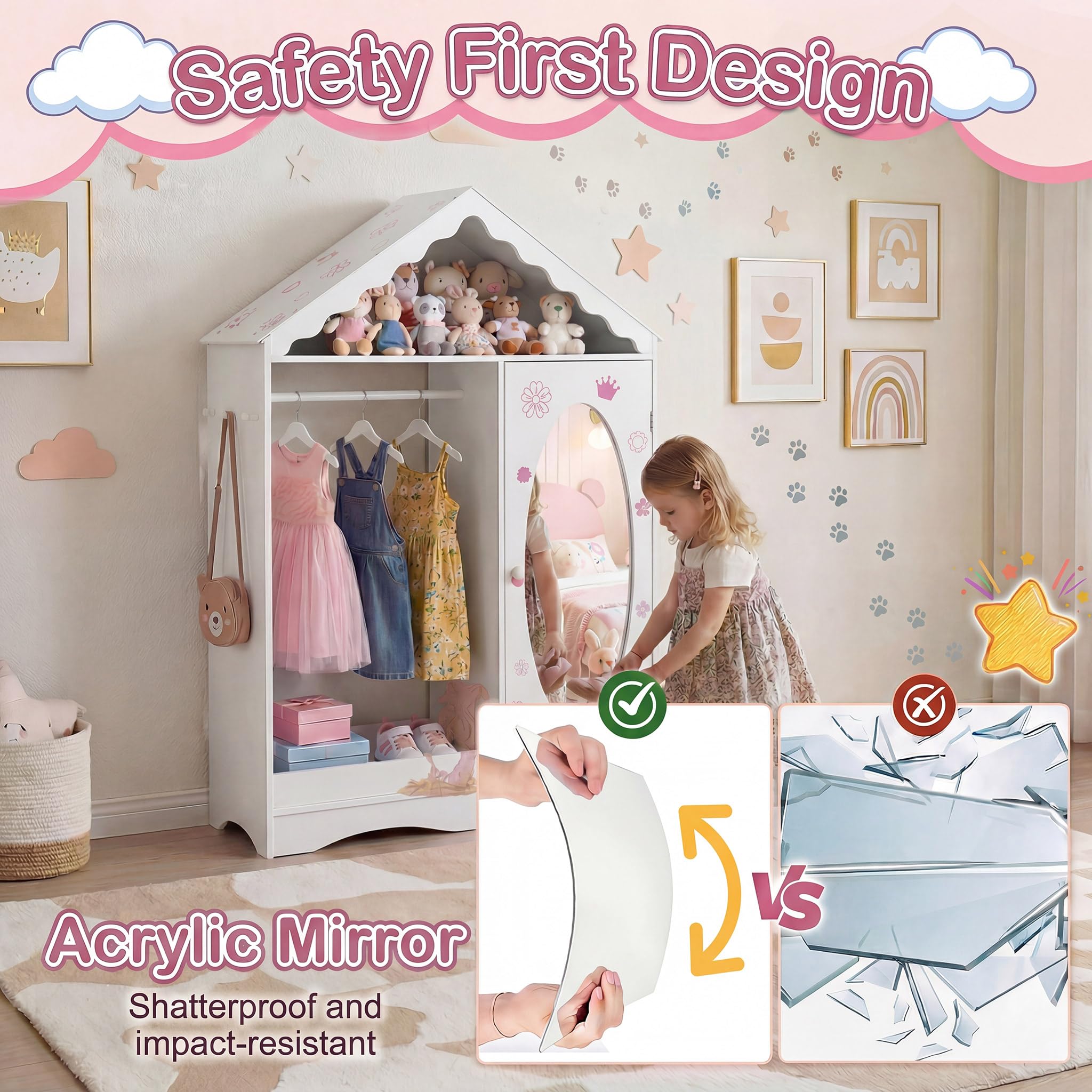 RELAX4LIFE Kinder Kleiderschrank, Kindergarderobe mit Spiegel, Kinderschrank in Hausform mit Kleiderstange, Ablagefächer & Haken, Kleiderständer für Kinderzimmer, für Mädchen ab 3 Jahren (Weiß)