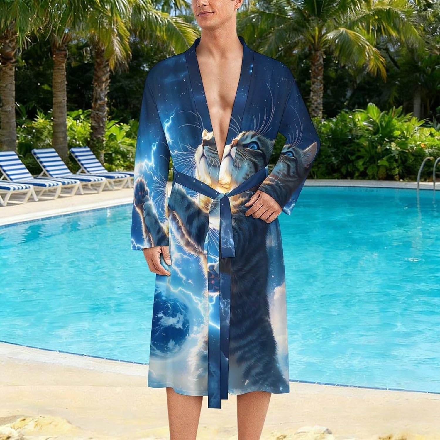 Thunderbolt Cat Men's Robe Soft Bathrobe V Neck Loungewear Sleepwear Nightgown Dressing Gown