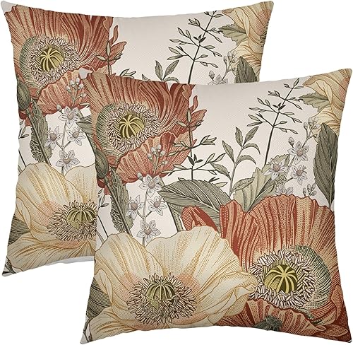 Juego de 2 fundas de almohada de flores vintage de 18 x 18 pulgadas, color naranja óxido, amarillo, hojas florales, decorativas, cuadradas, para