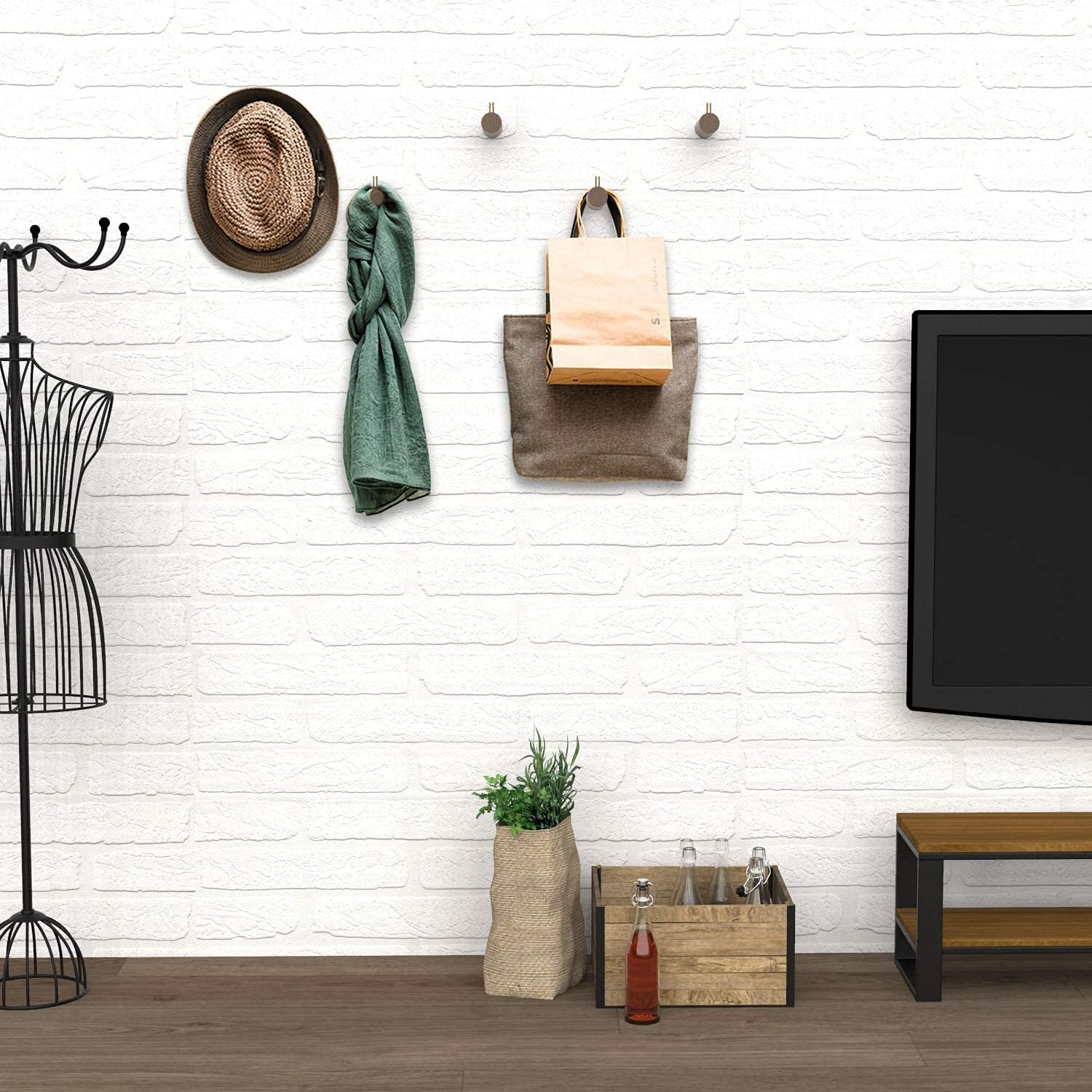 ETECHMART Wood Wall Hooks, 6PCS Modern Coat Hooks, 3 Inch Entryway Coat Rack Wall Mounted, Natural Wooden Towel Hooks with Solid Brass on The Top for Hanging Keys, Plants, Clothes, Black Walnut