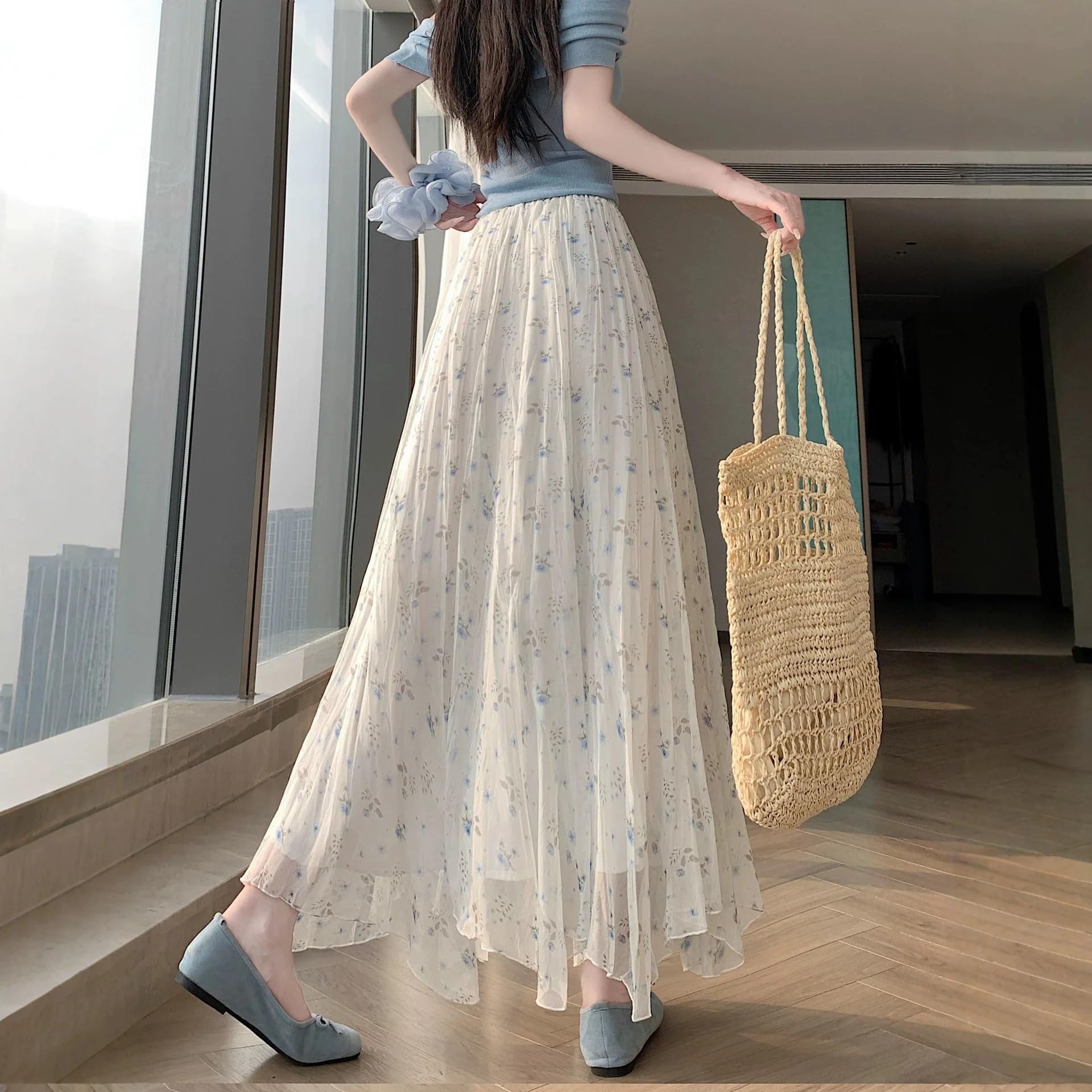 Gonna longuette a trapezio in chiffon con stampa floreale a vita alta estiva