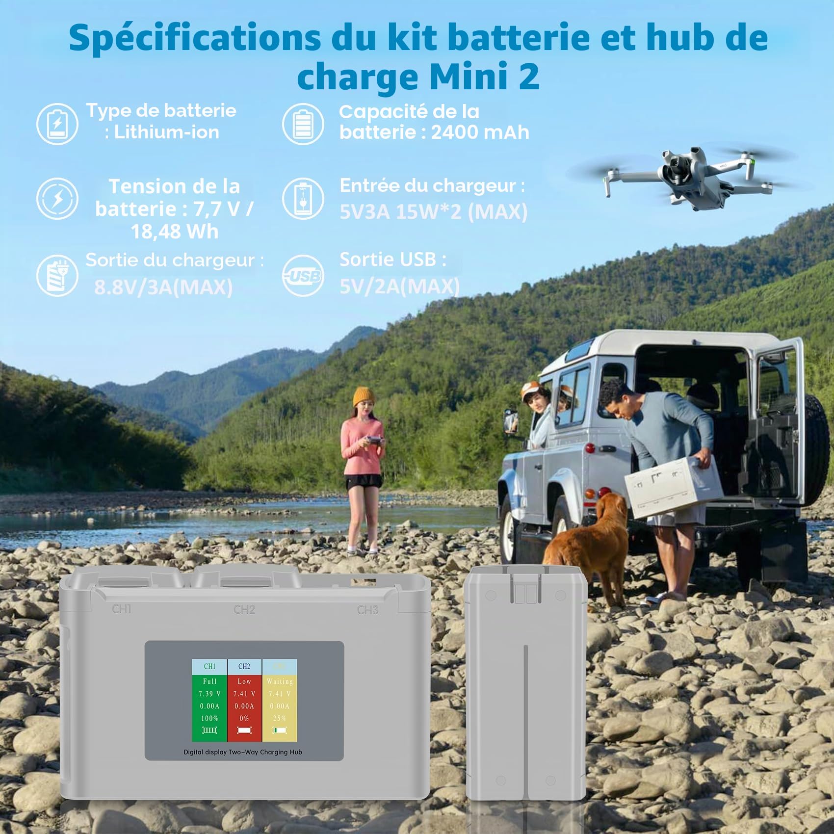 Fantasyo 2400mAh Batterie pour DJI Mini 2/4K/2 SE/SE, 7,7 V, 31 Min Autonomie, Station de Recharge Incluse