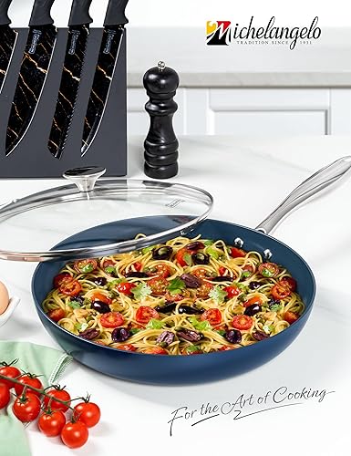 Miniatura 7 de MICHELANGELO Sartén de 12 pulgadas con tapa, sartén azul con revestimiento antiadherente con infusión de diamante, sartenes antiadherentes, sartén