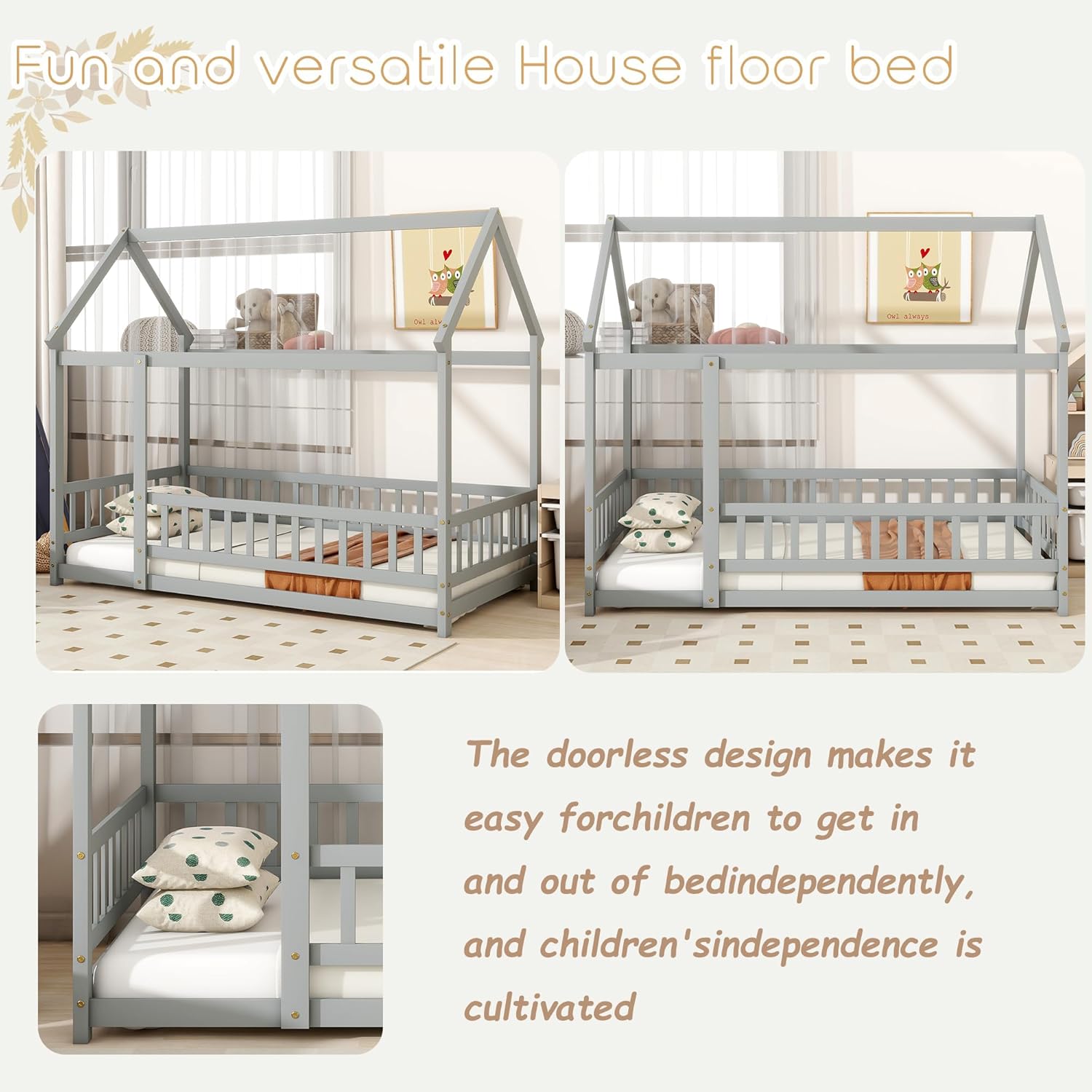 Bellemave Twin Size House Floor Bed Wooden Montessori Bed with Fence and Roof for Kids Playhouse Style Bed Frame for Girls Boys Teens, Gray